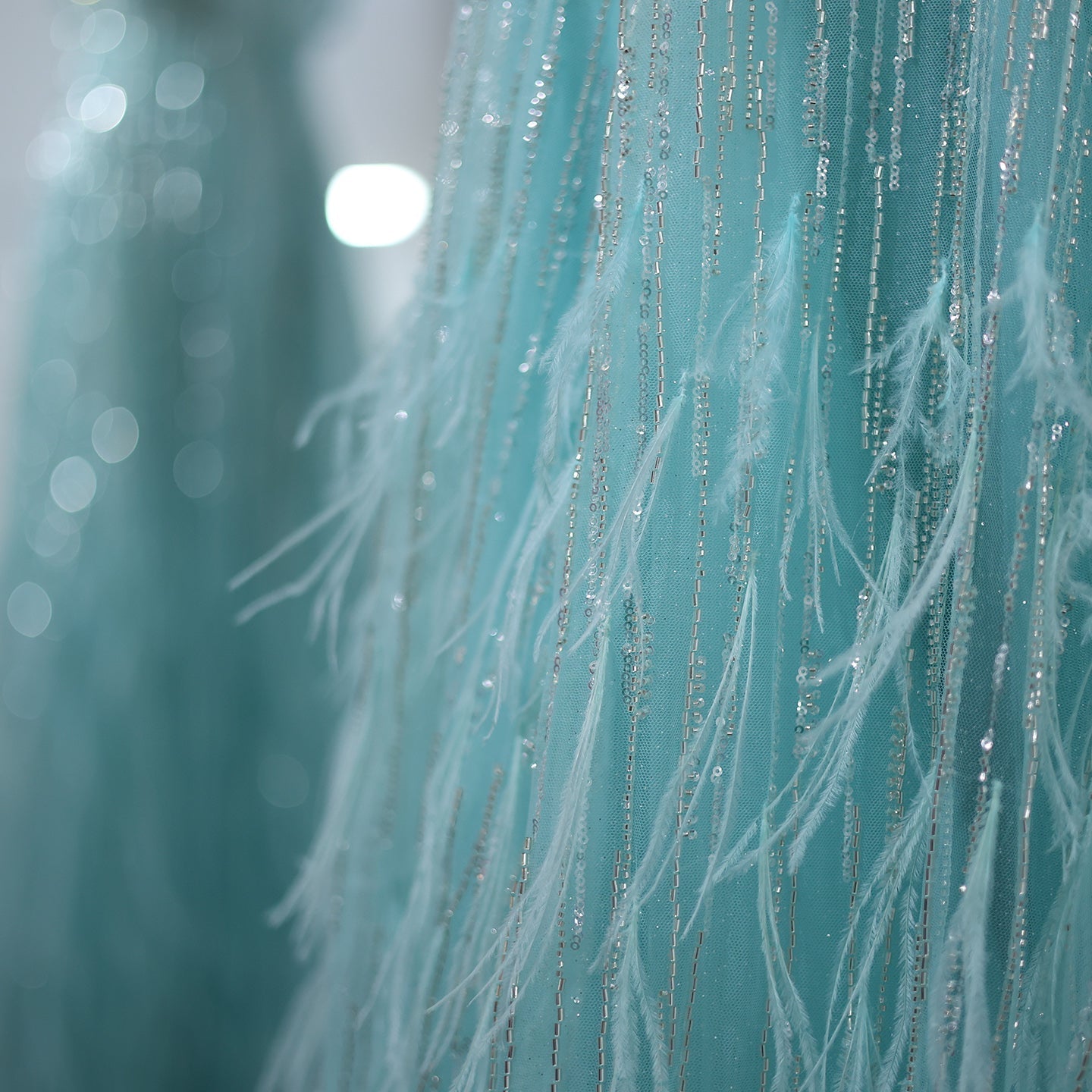 Luxury Feathers Aqua Off Shoulder Evening Dress SS435