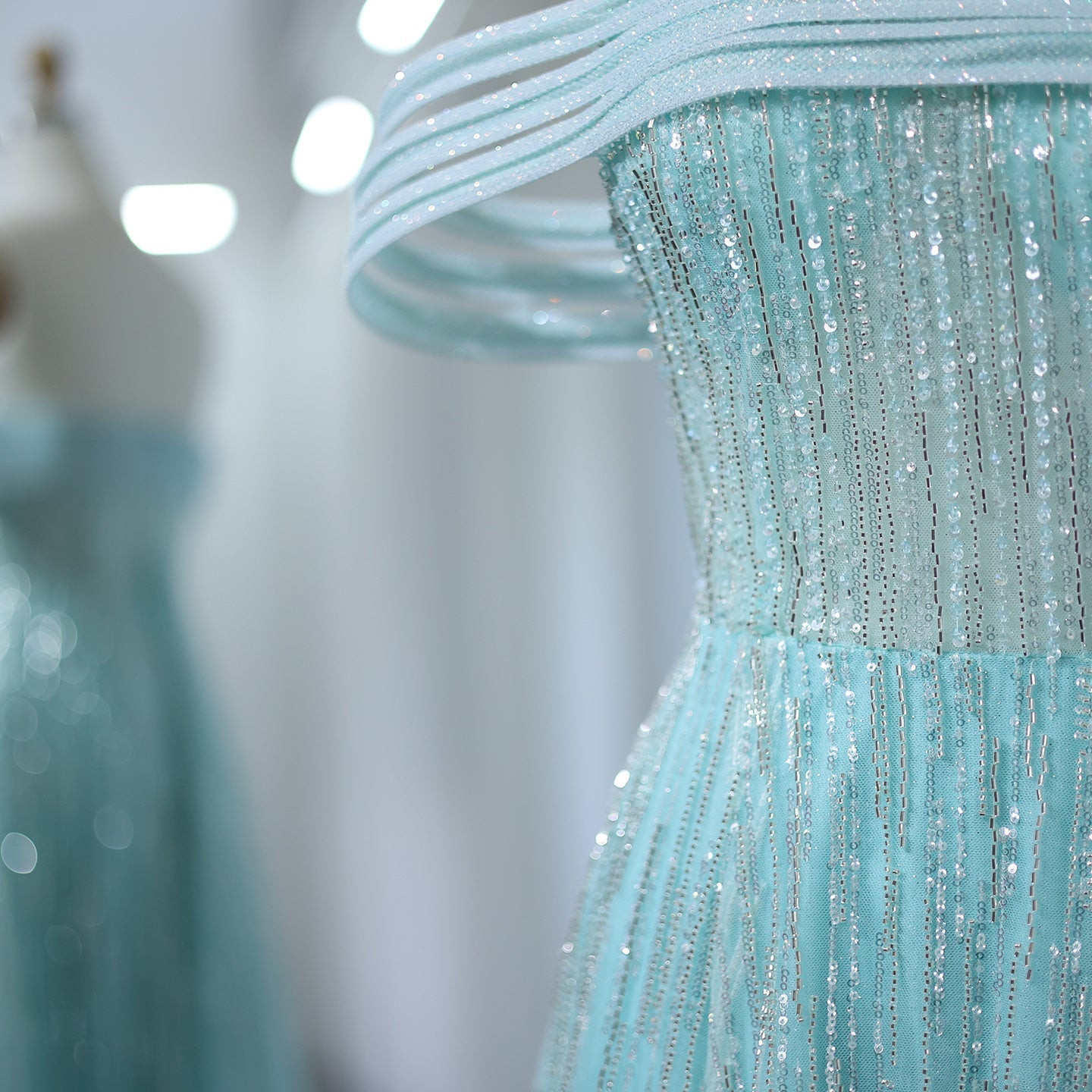 Luxury Feathers Aqua Off Shoulder Evening Dress SS435