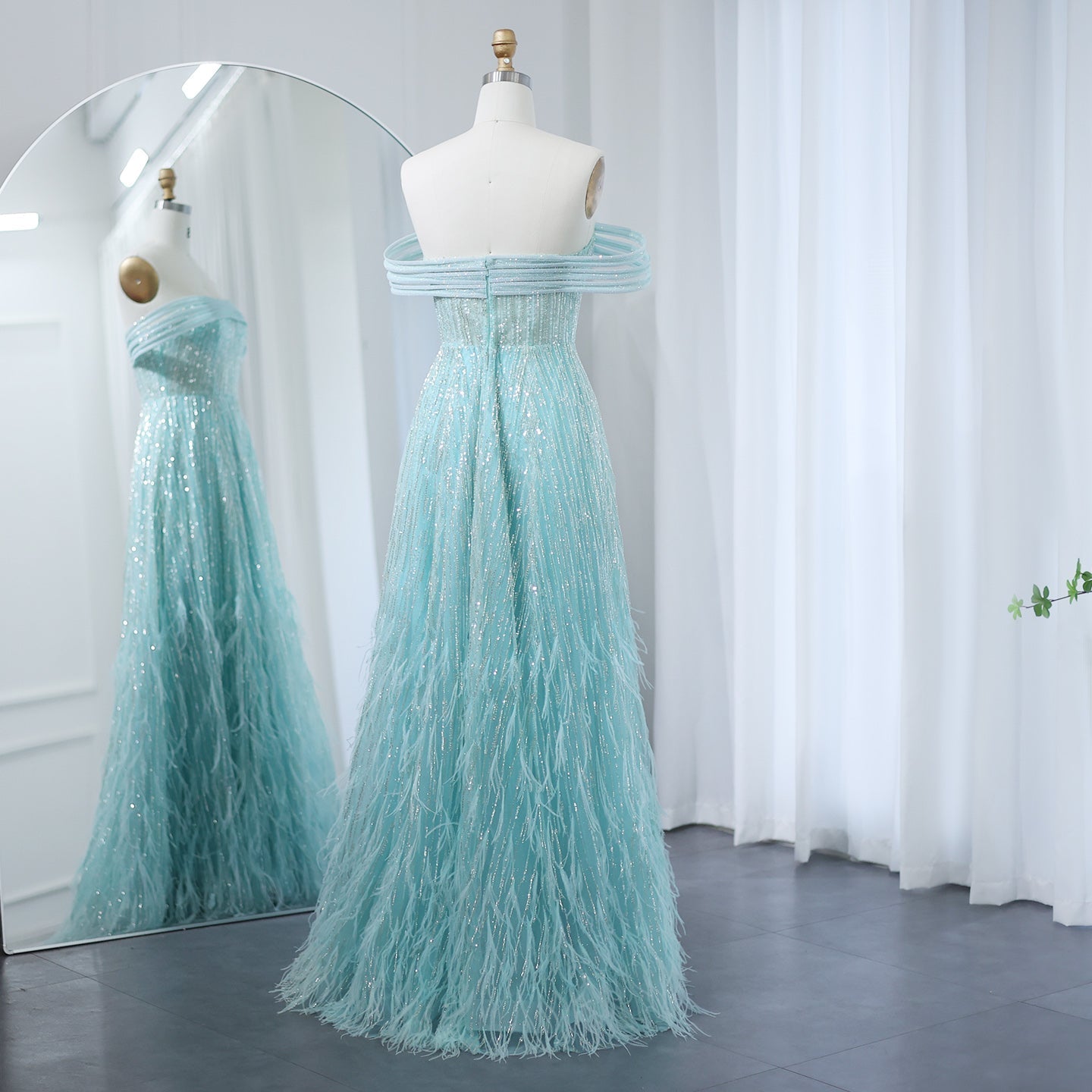 Luxury Feathers Aqua Off Shoulder Evening Dress SS435
