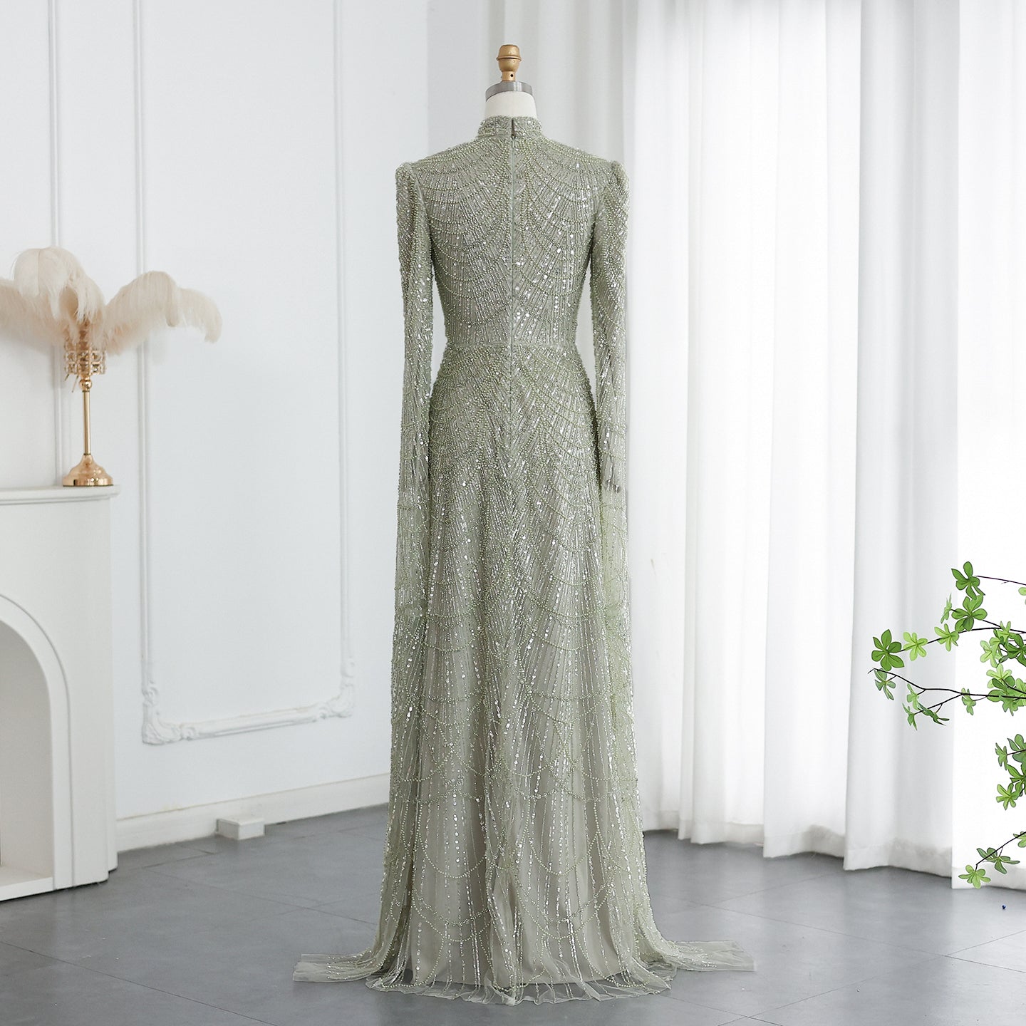 Luxury Sage Green Evening Dress with Cape Sleeves SS630