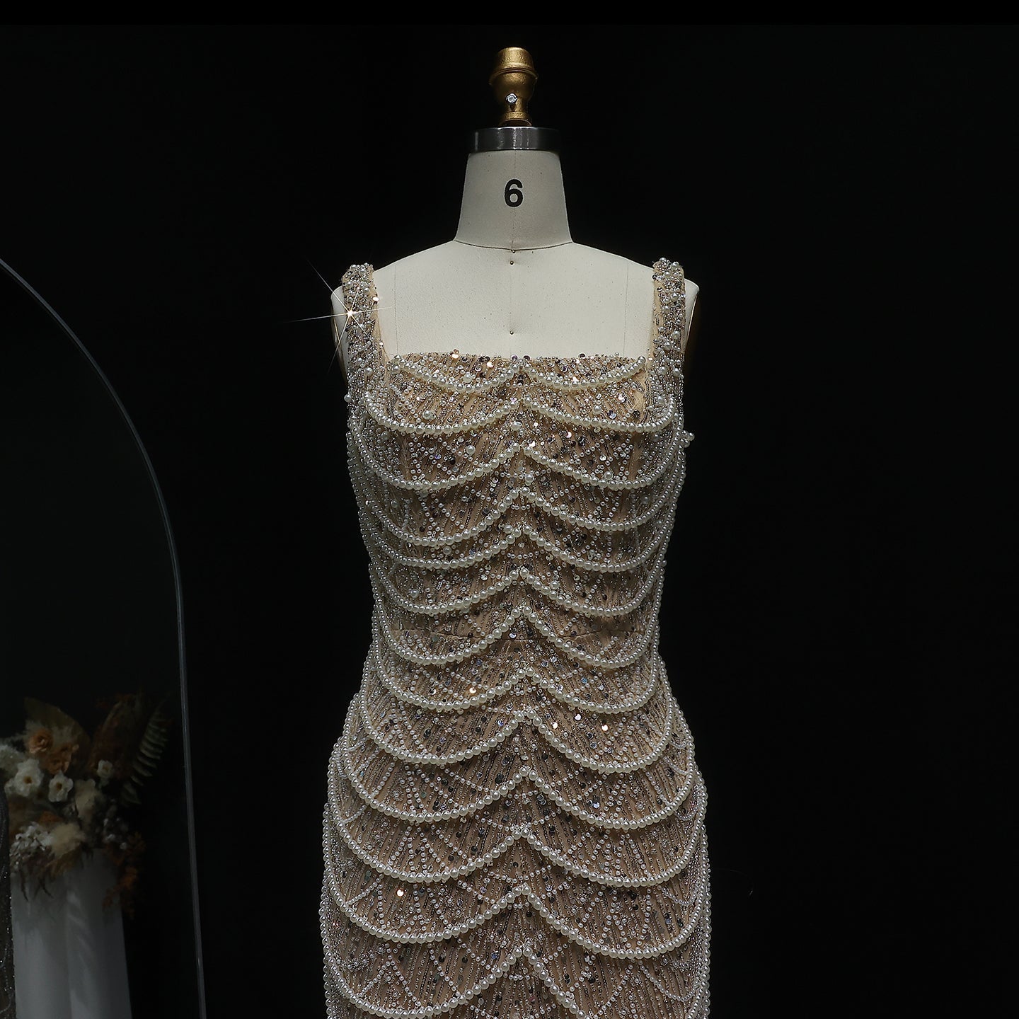 Luxury Pearls Nude Spaghetti Strap Evening Dress SS682