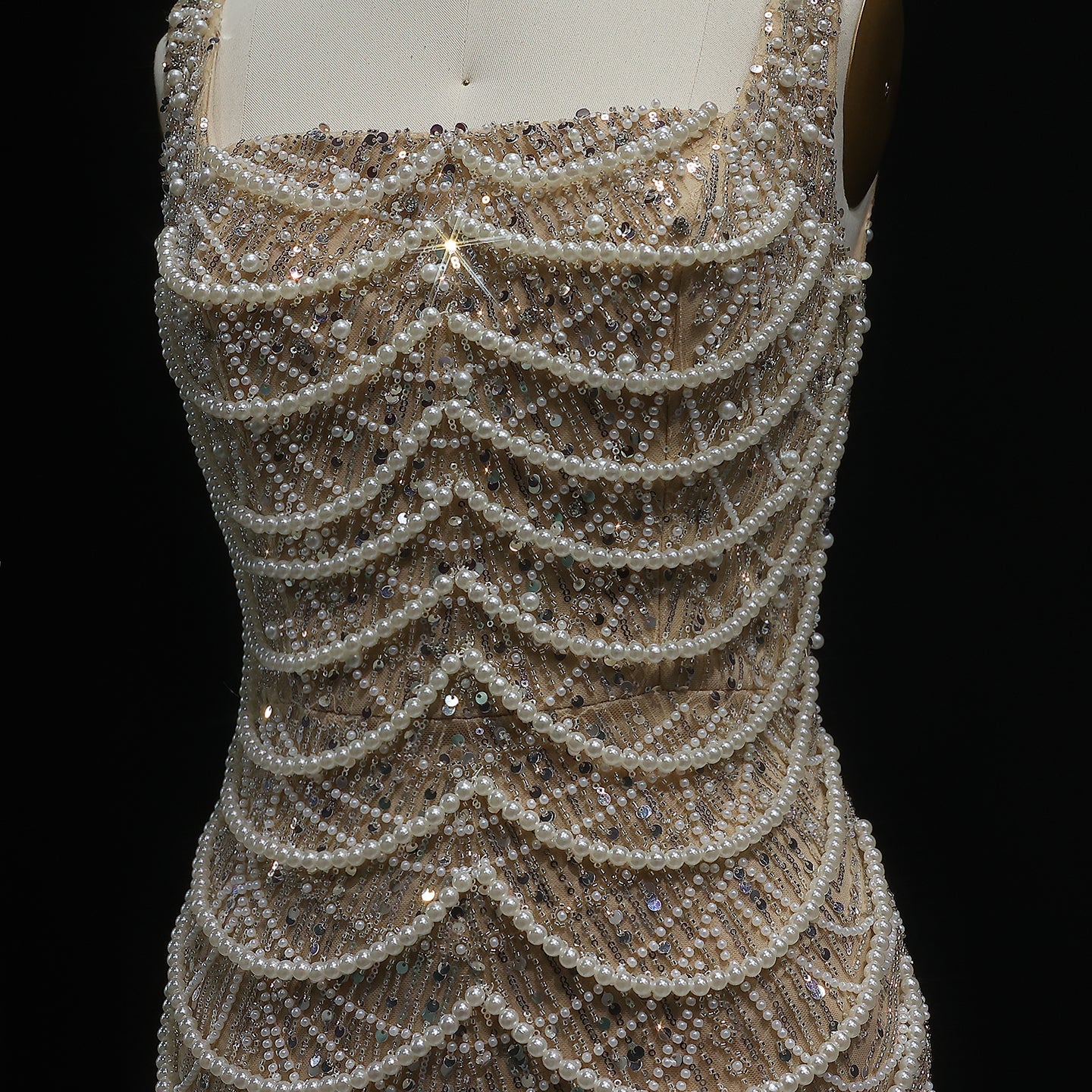 Luxury Pearls Nude Spaghetti Strap Evening Dress SS682