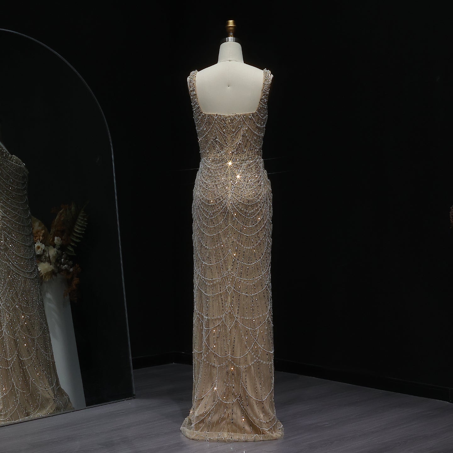 Luxury Pearls Nude Spaghetti Strap Evening Dress SS682