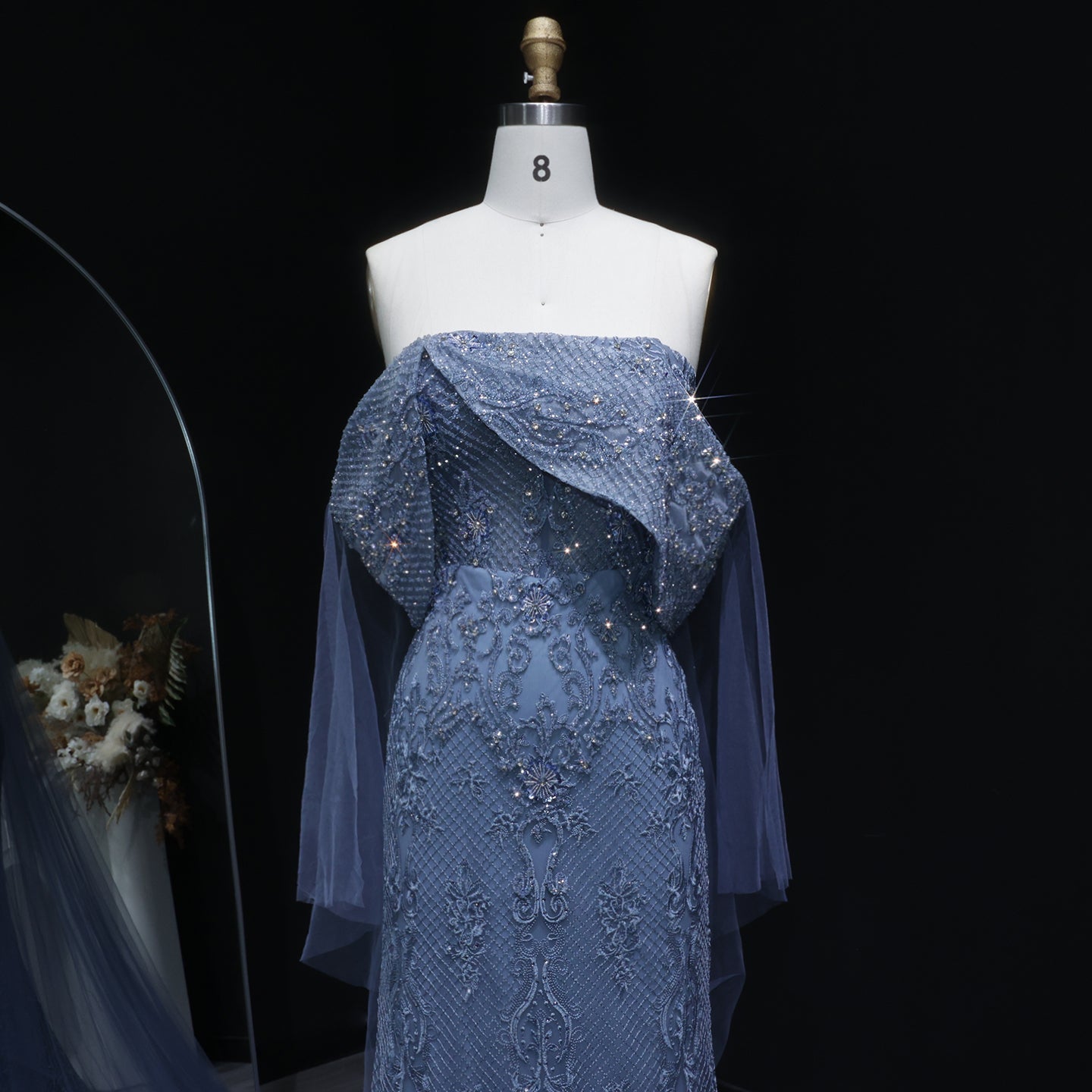 Luxury Blue Off Shoulder Beaded Arabic Evening Dress SS083