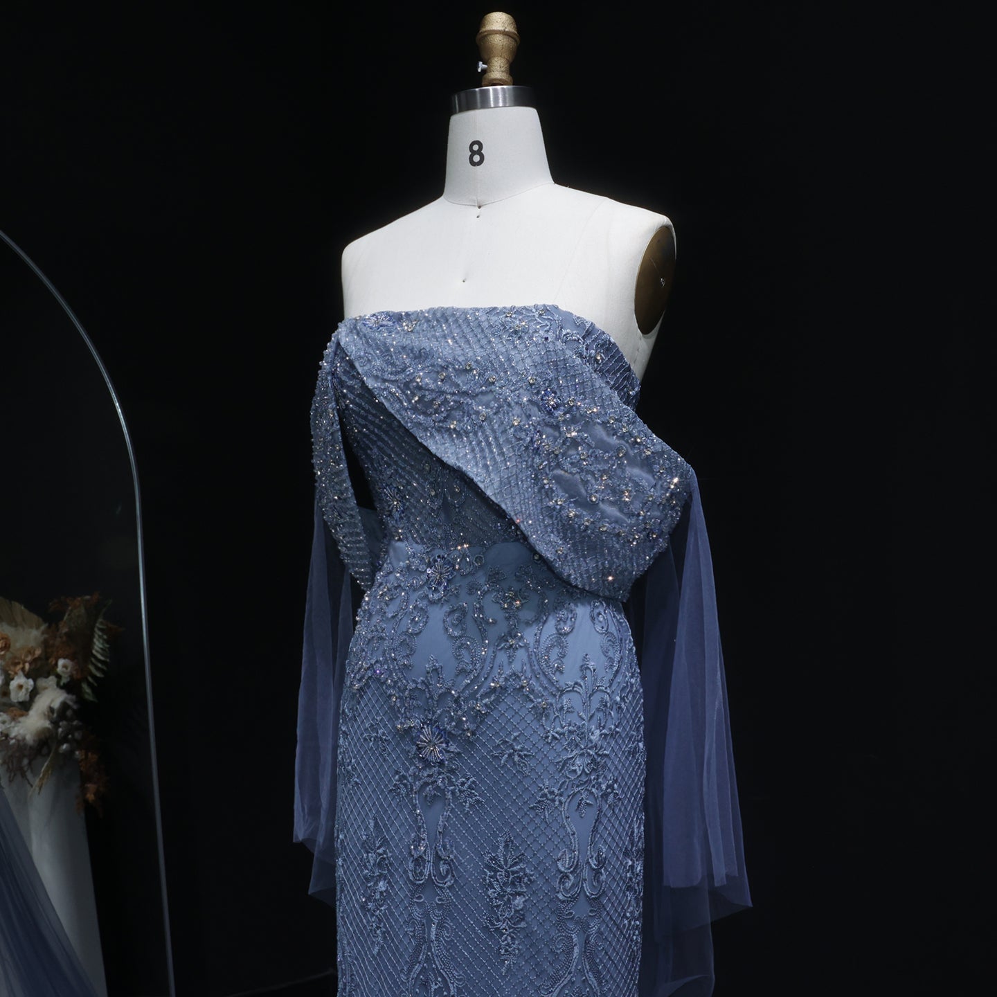 Luxury Blue Off Shoulder Beaded Arabic Evening Dress SS083