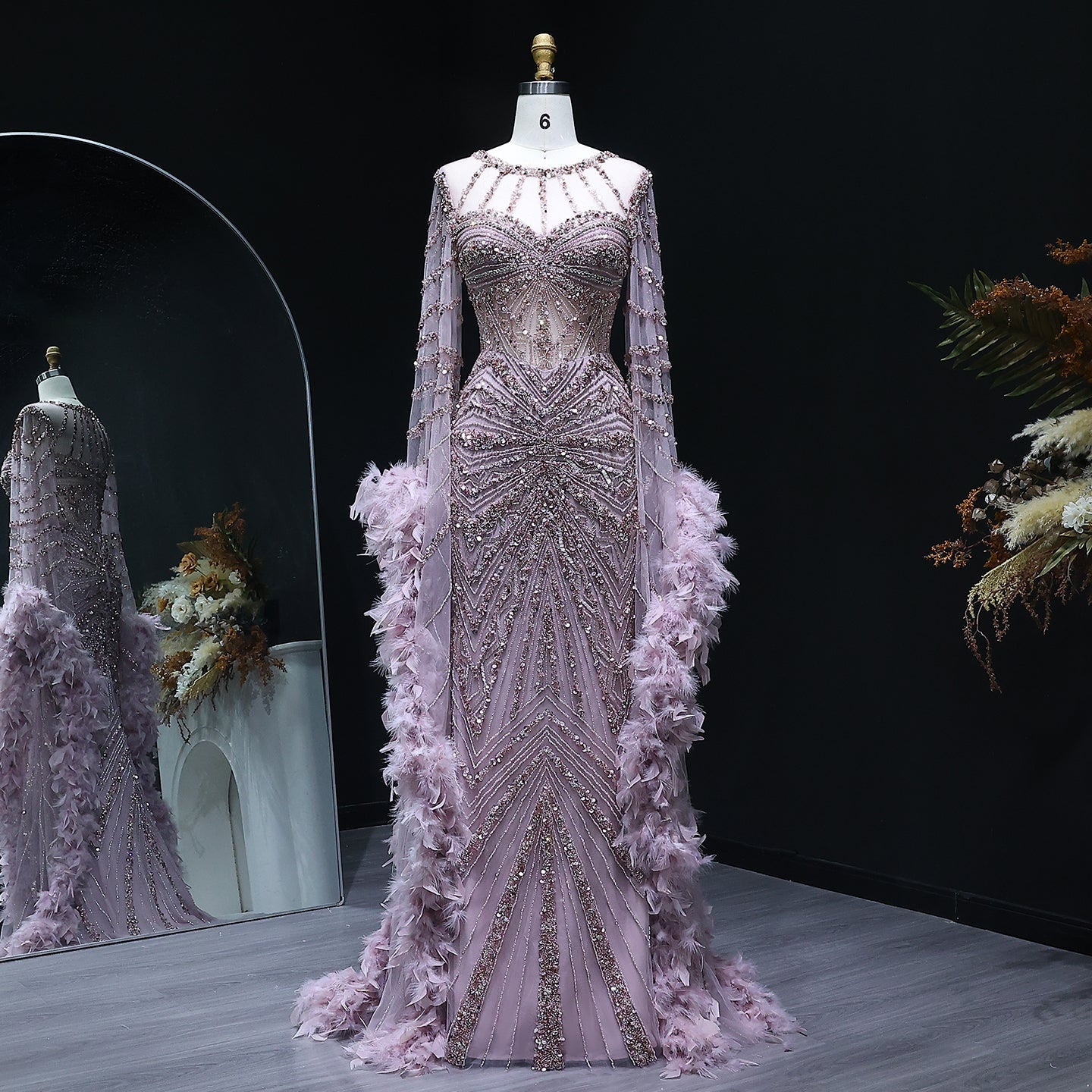 Luxury Beaded Evening Dress with Feather Cape Sleeves SS082  Pink / US 18