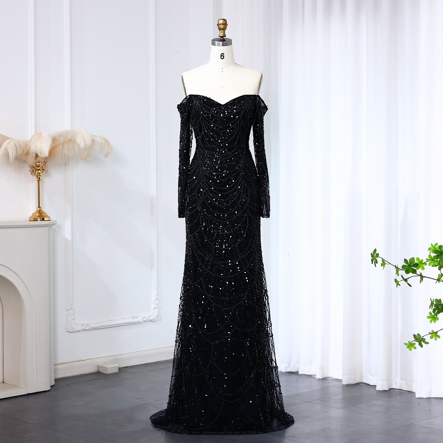 Luxury Off Shoulder Long Sleeves Mermaid Evening Dress SS609  Black / US 20