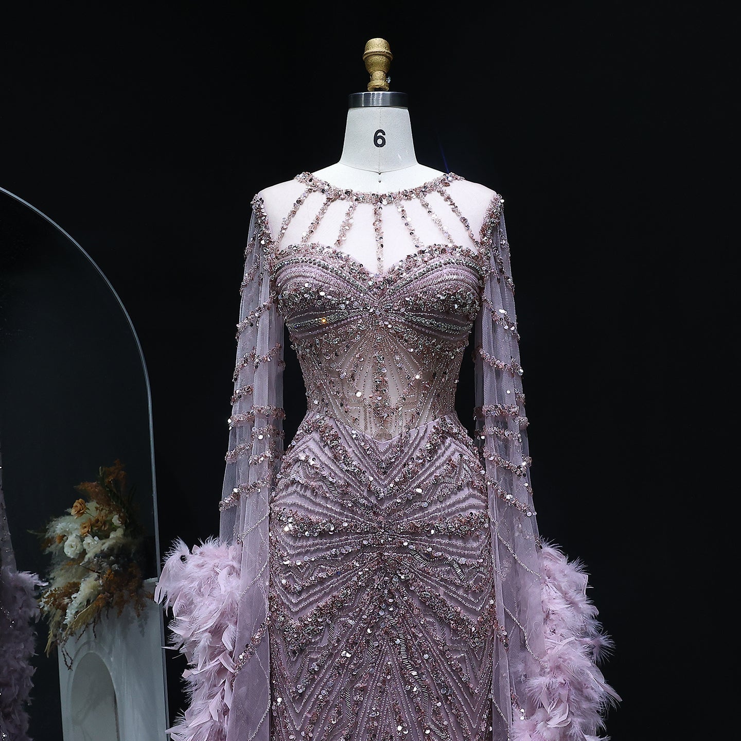 Luxury Beaded Evening Dress with Feather Cape Sleeves SS082