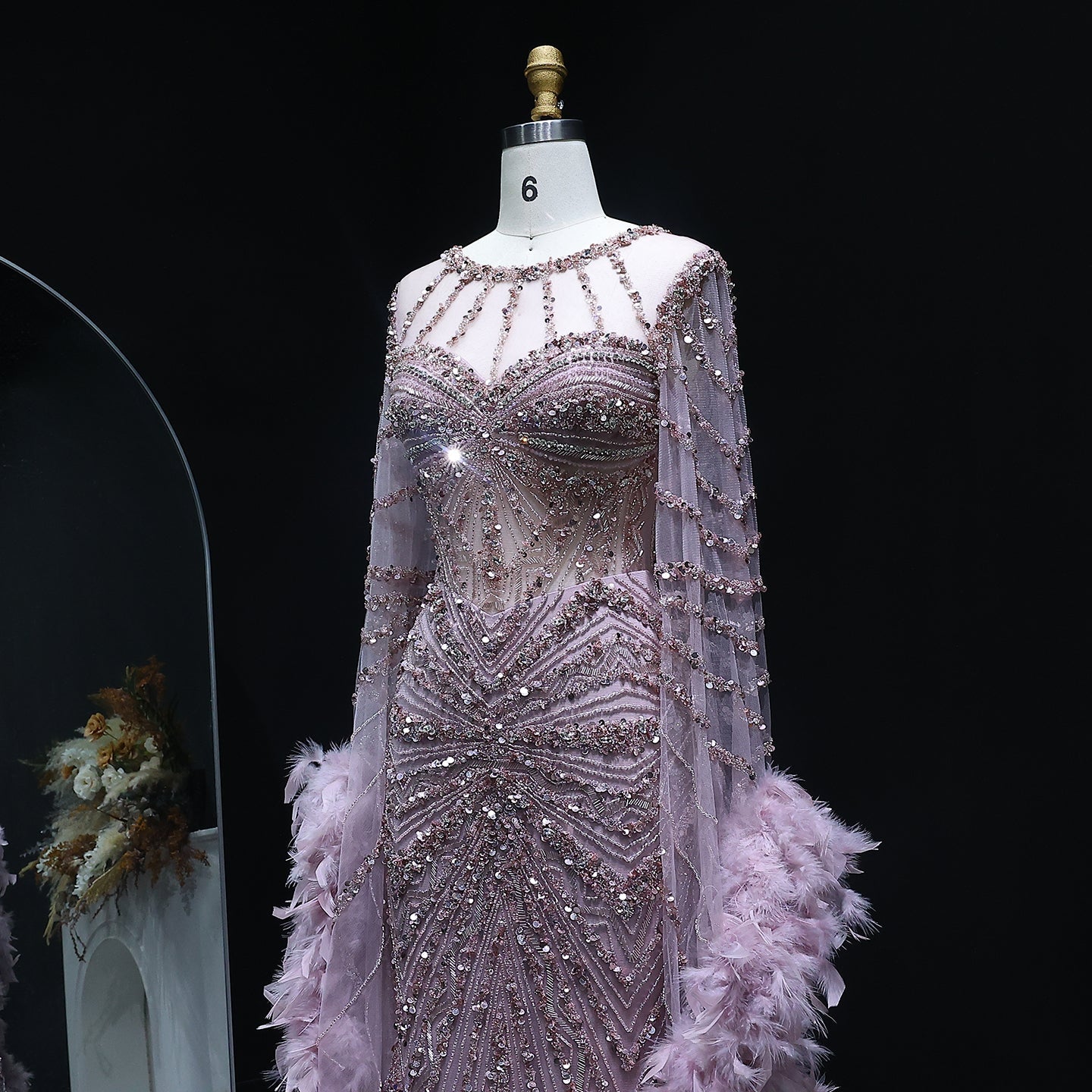 Luxury Beaded Evening Dress with Feather Cape Sleeves SS082