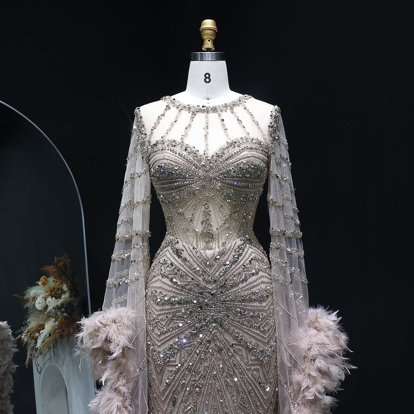 Luxury Beaded Evening Dress with Feather Cape Sleeves SS082