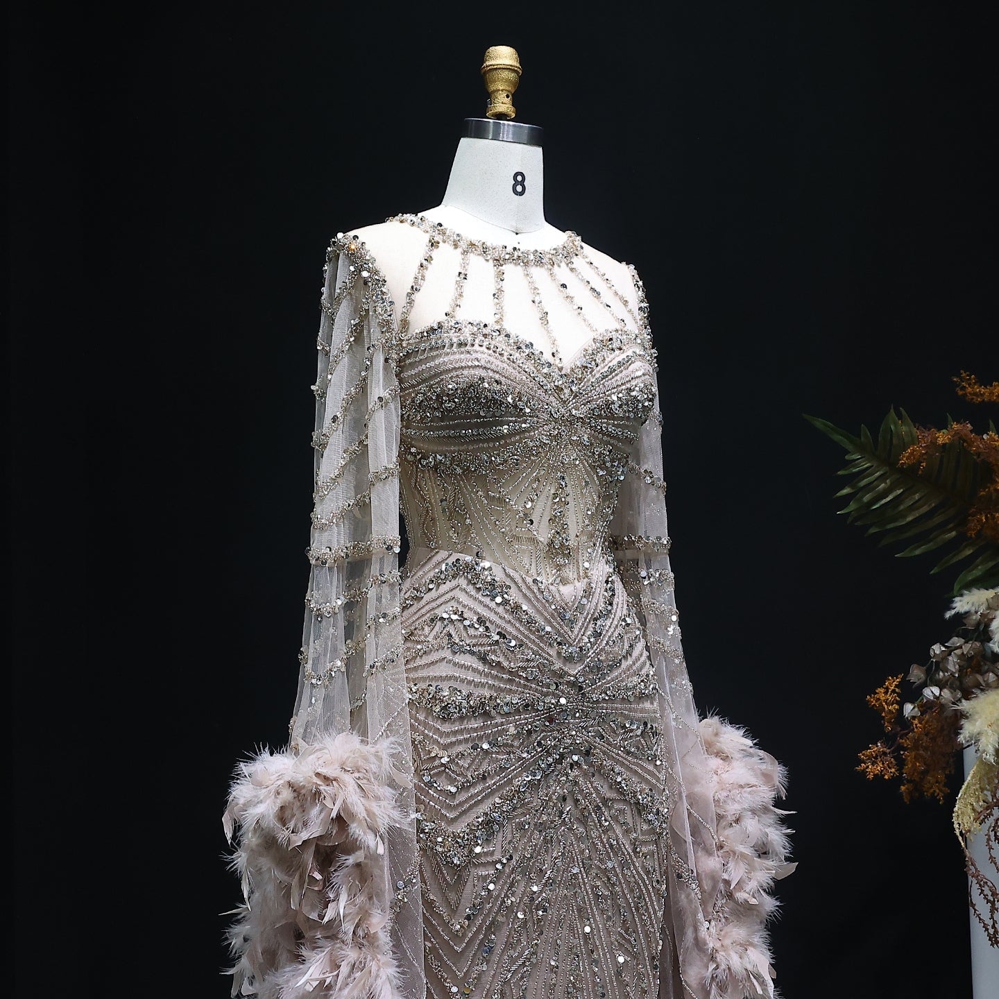 Luxury Beaded Evening Dress with Feather Cape Sleeves SS082