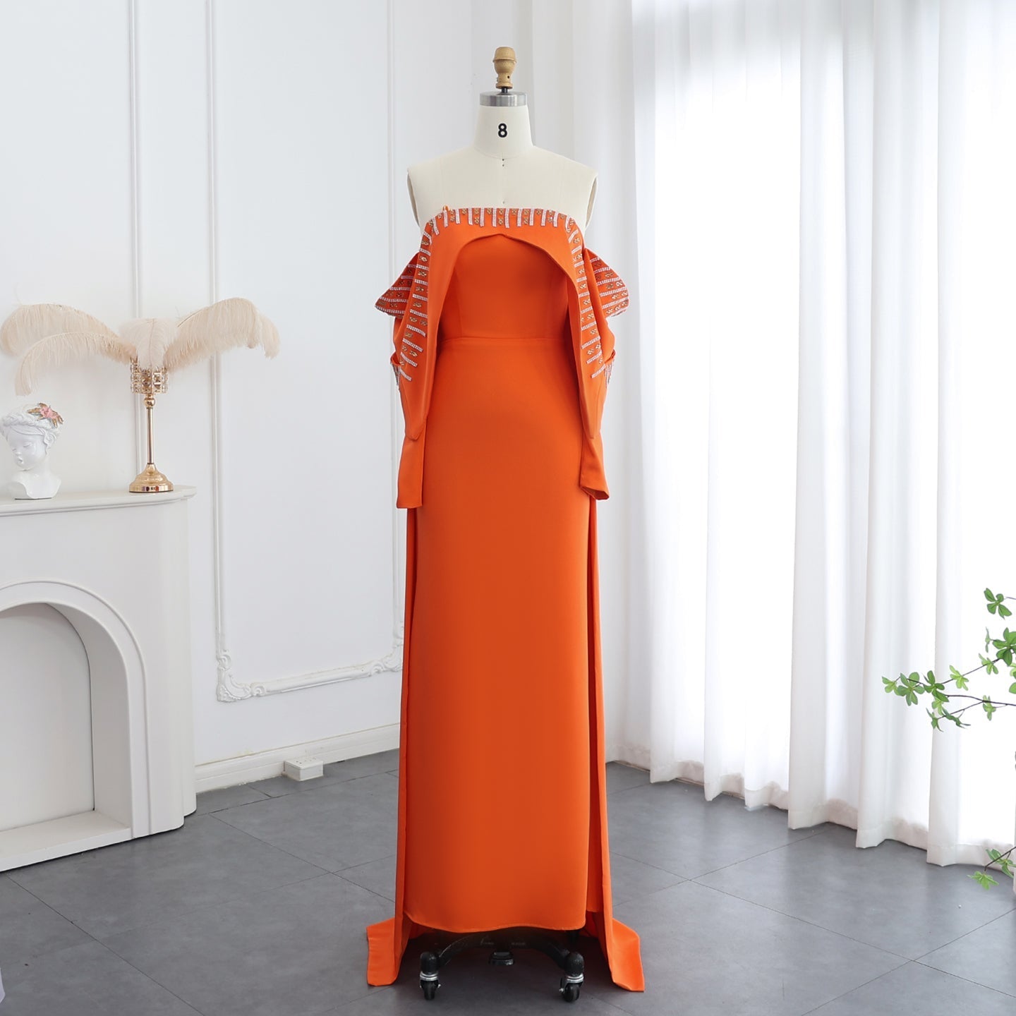 Elegant White Off Shoulder Long Sleeves Evening Dress with Cape SF008  Orange / US 16
