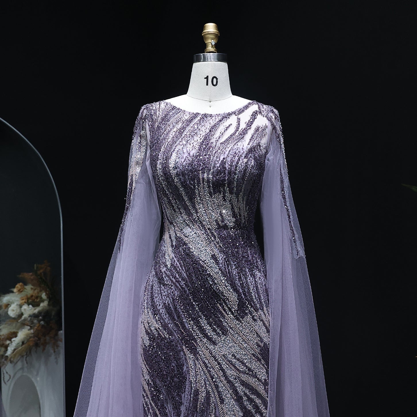 Luxury Purple Evening Dress with Cape Sleeves SS051