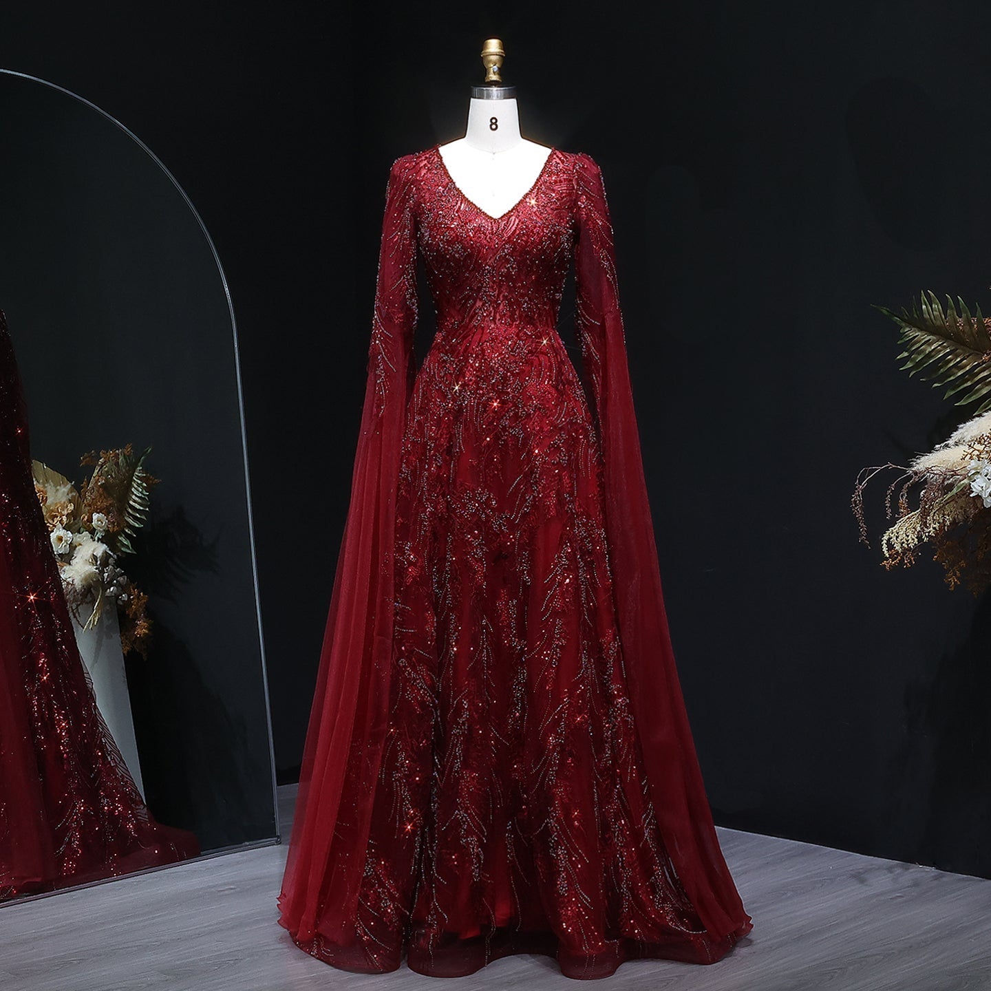 Elegant Crystal Wine Red Mermaid Evening Dress with Cape Sleeves SS093