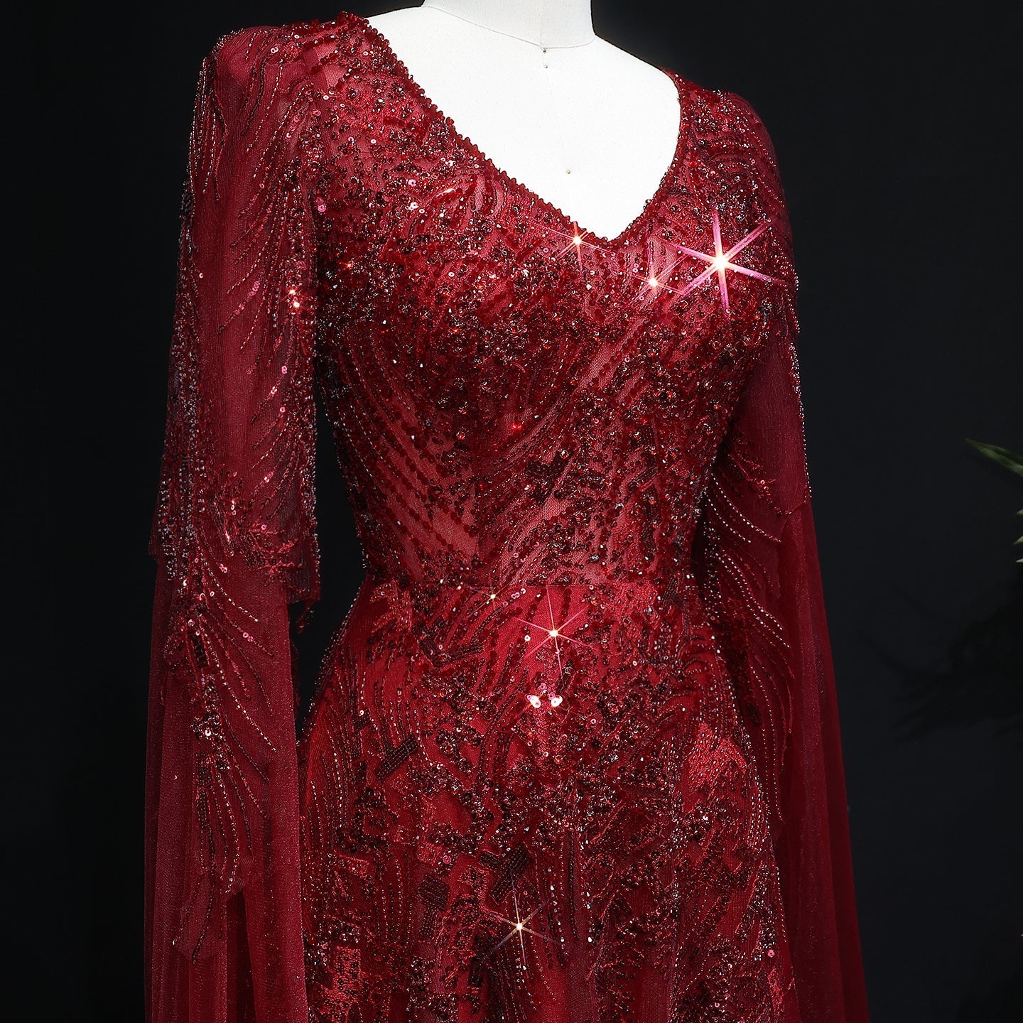 Elegant Crystal Wine Red Mermaid Evening Dress with Cape Sleeves SS093