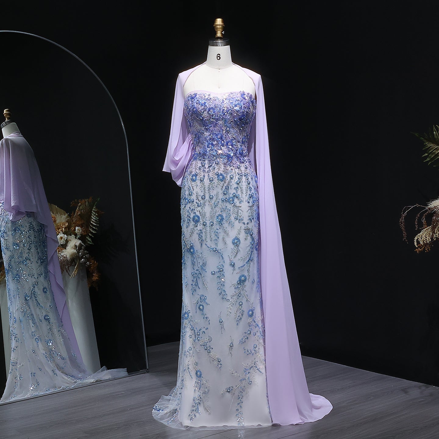 Luxury Crystal Beaded Lilac Evening Dress with Cape SS641 