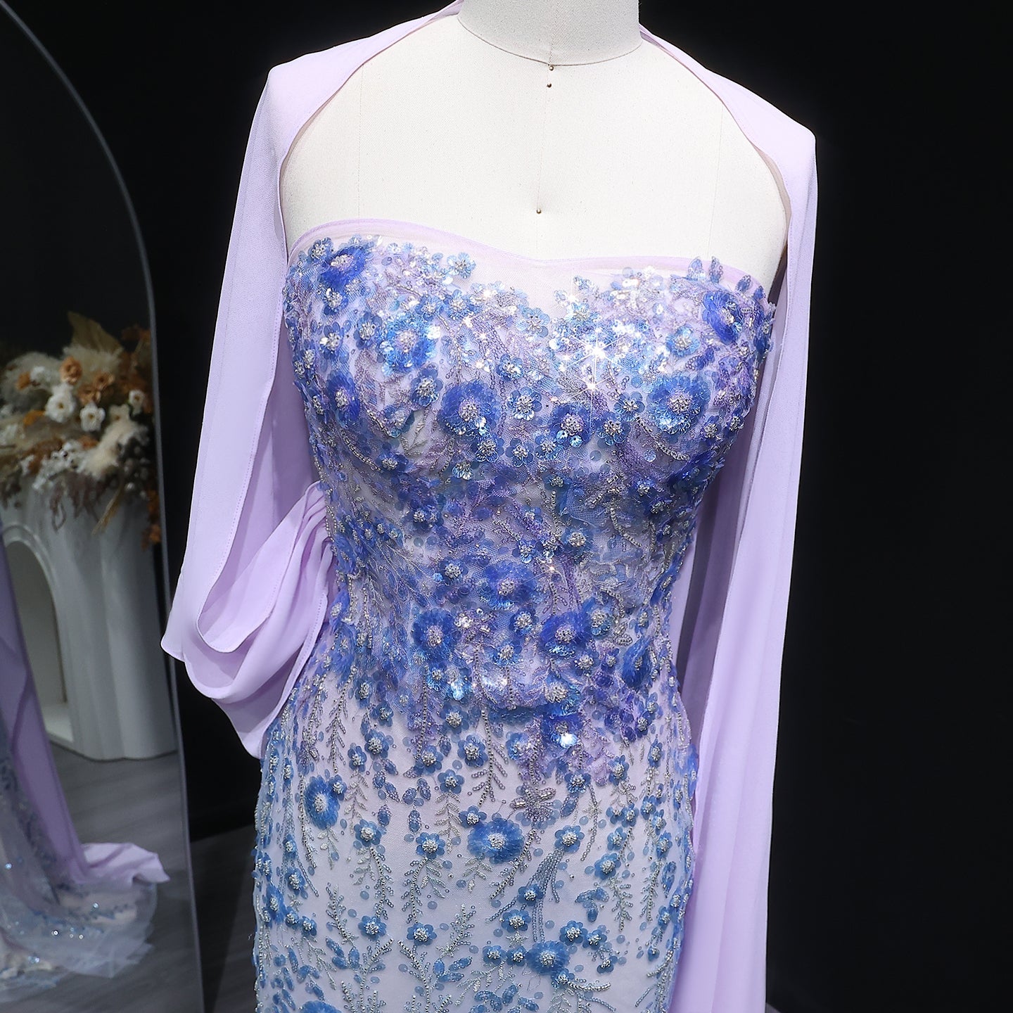 Luxury Crystal Beaded Lilac Evening Dress with Cape SS641 