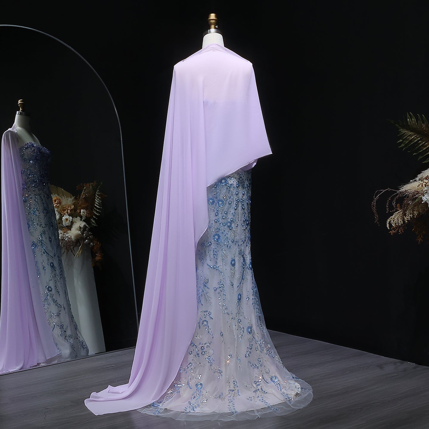 Luxury Crystal Beaded Lilac Evening Dress with Cape SS641 