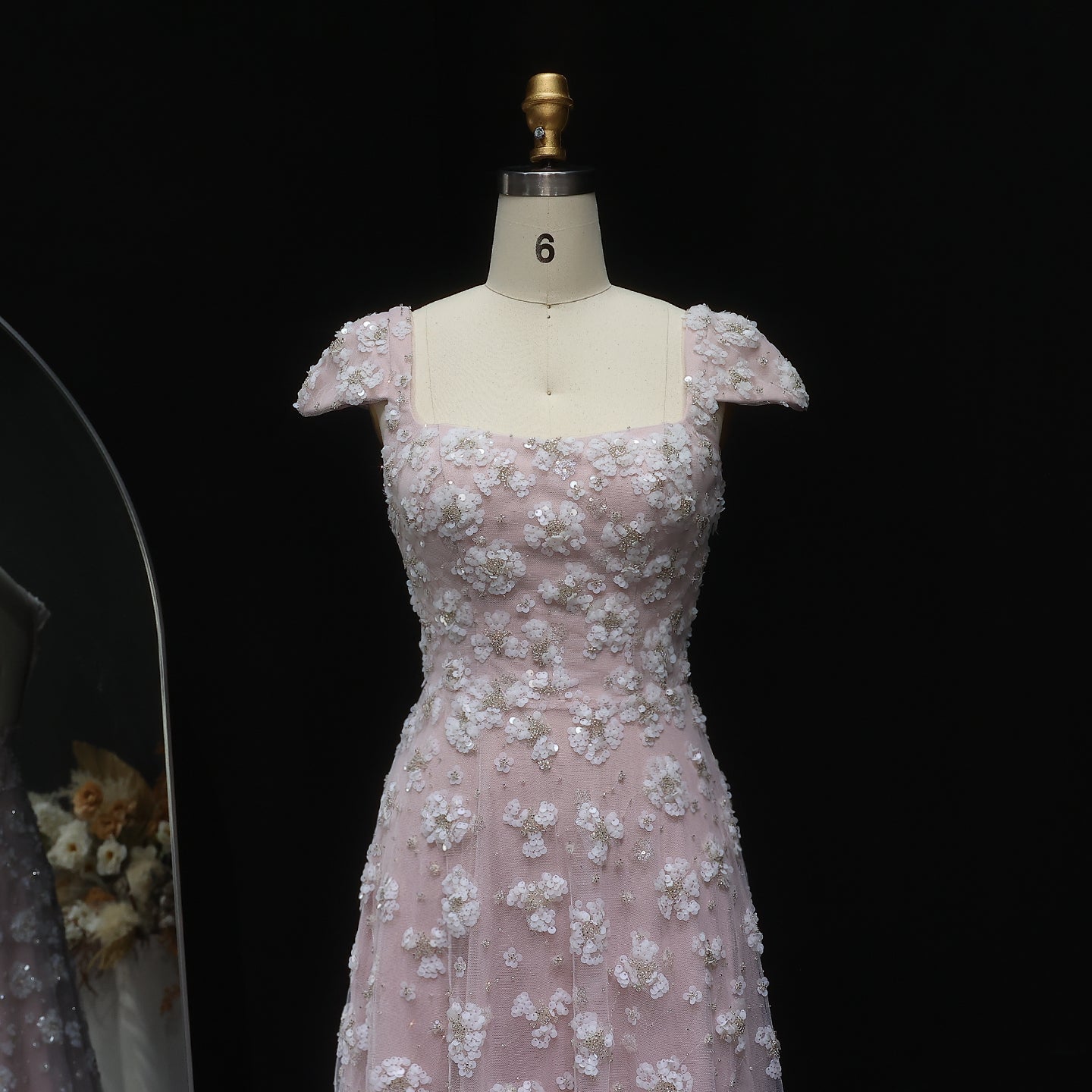 Chic Pink Floral Square Neck Evening Dress SS602