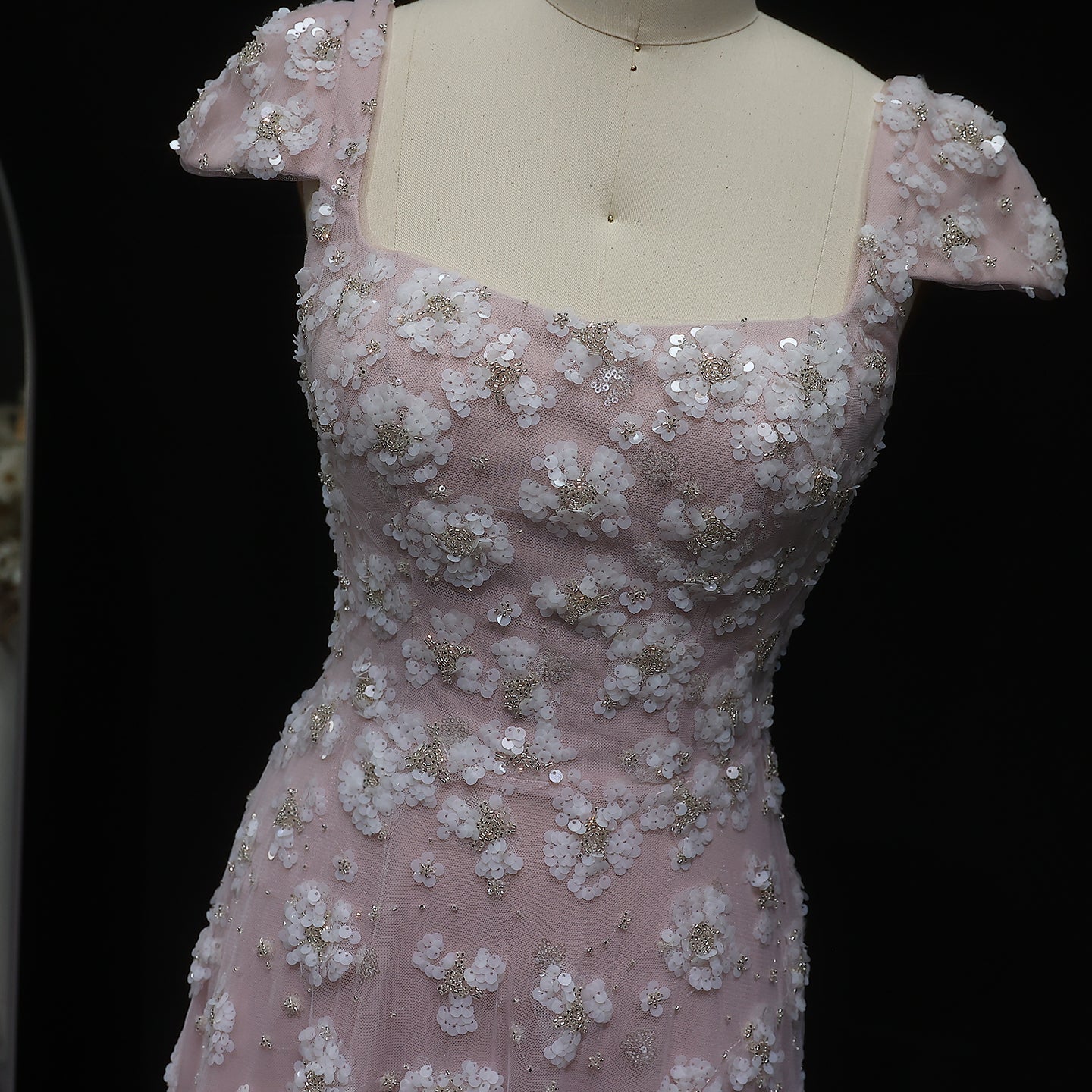 Chic Pink Floral Square Neck Evening Dress SS602