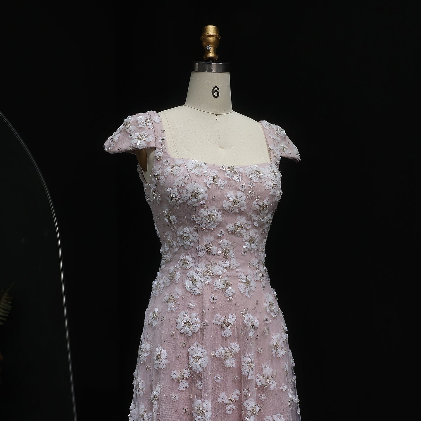 Chic Pink Floral Square Neck Evening Dress SS602