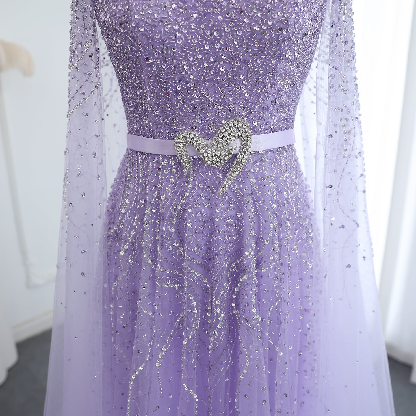 Luxury Blue High Neck Evening Dress with Cape Sleeves SS451