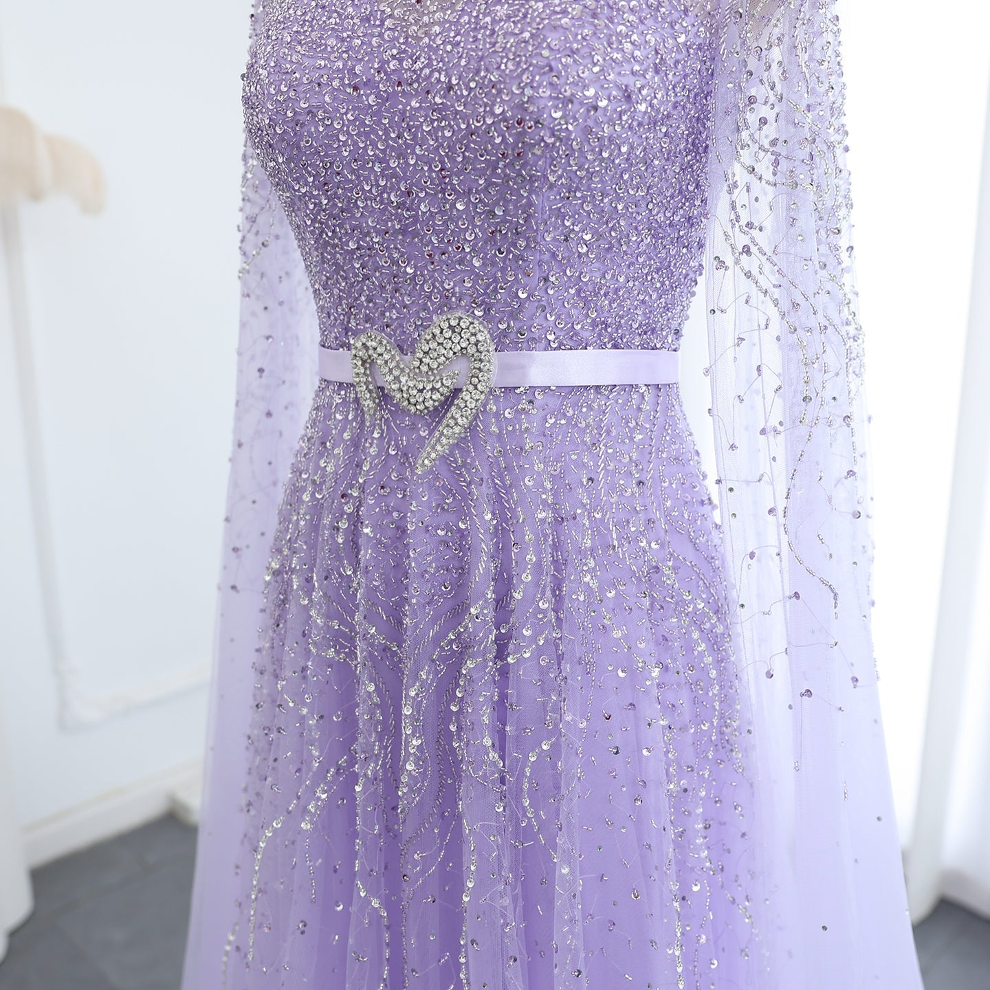 Luxury Blue High Neck Evening Dress with Cape Sleeves SS451