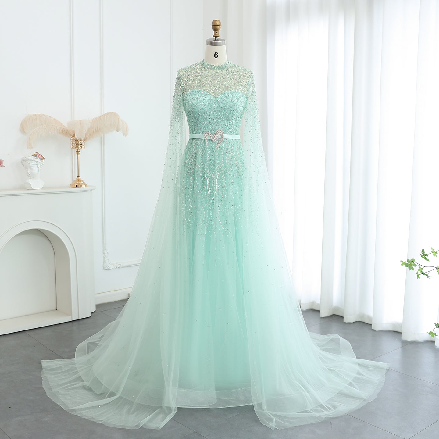 Luxury Blue High Neck Evening Dress with Cape Sleeves SS451  Green / US 20
