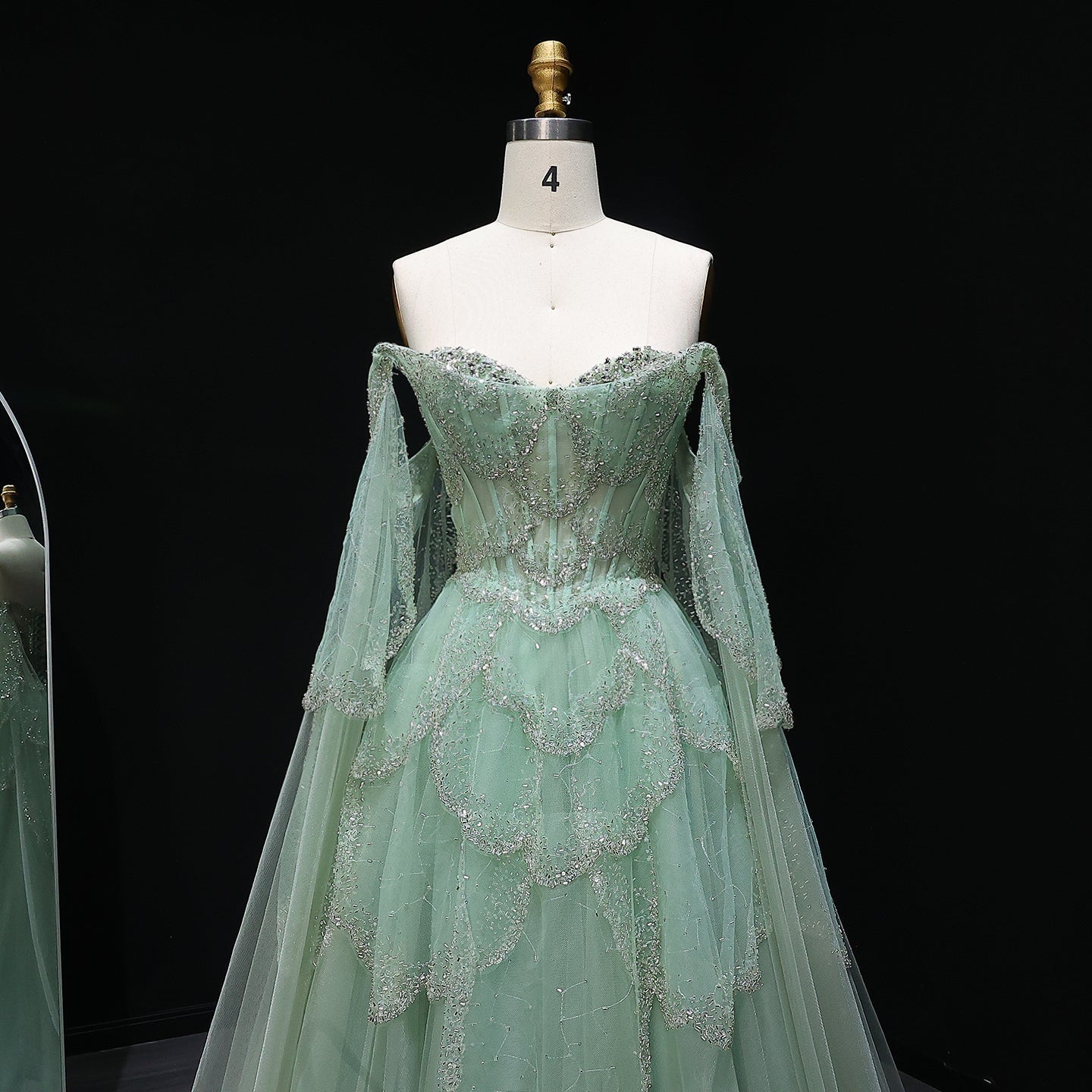 Elegant Off Shoulder Sage Green Evening Dress with Cape Sleeves SS215