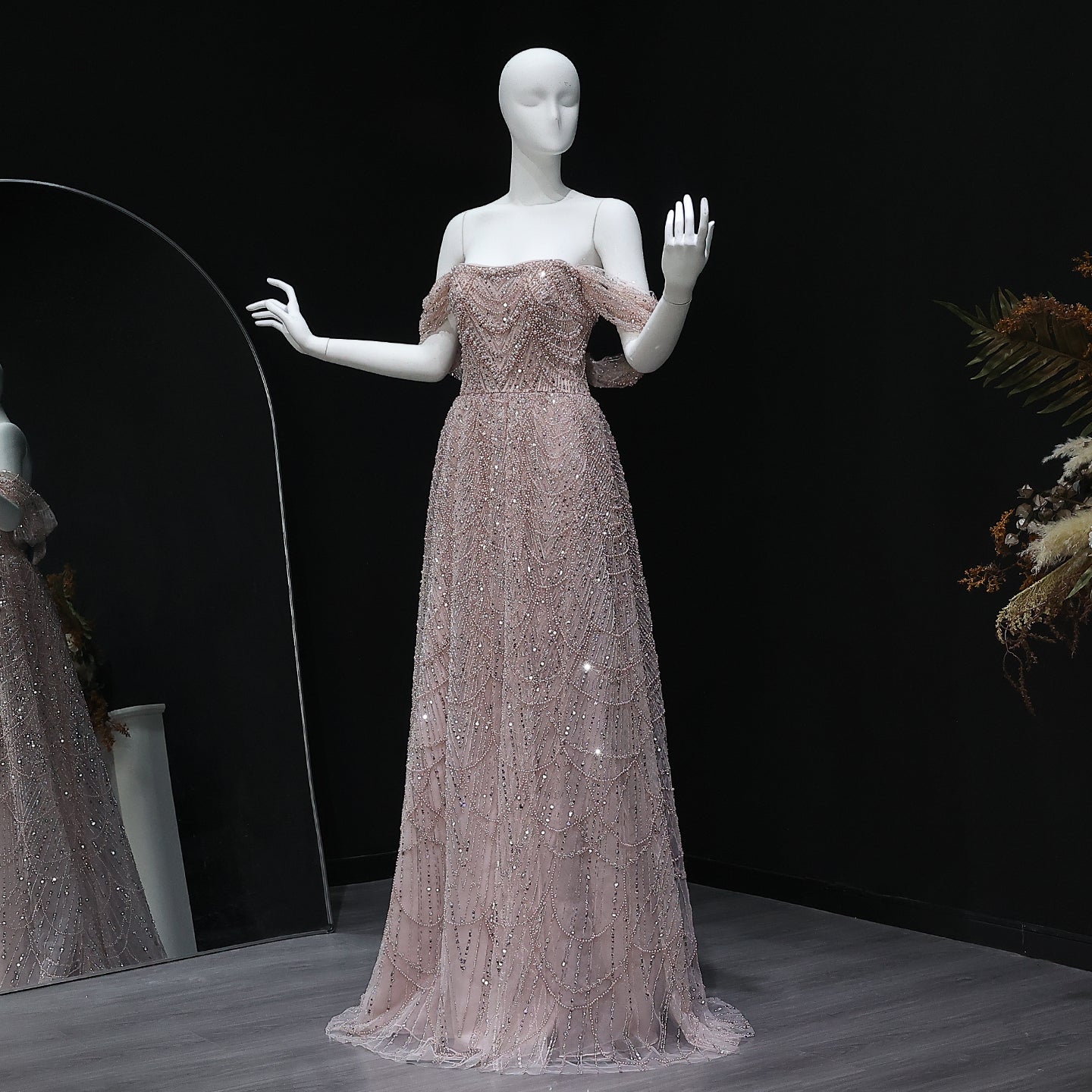 Luxury Beaded Champagne Off-Shoulder Evening Dress SS676  Pink / US 20