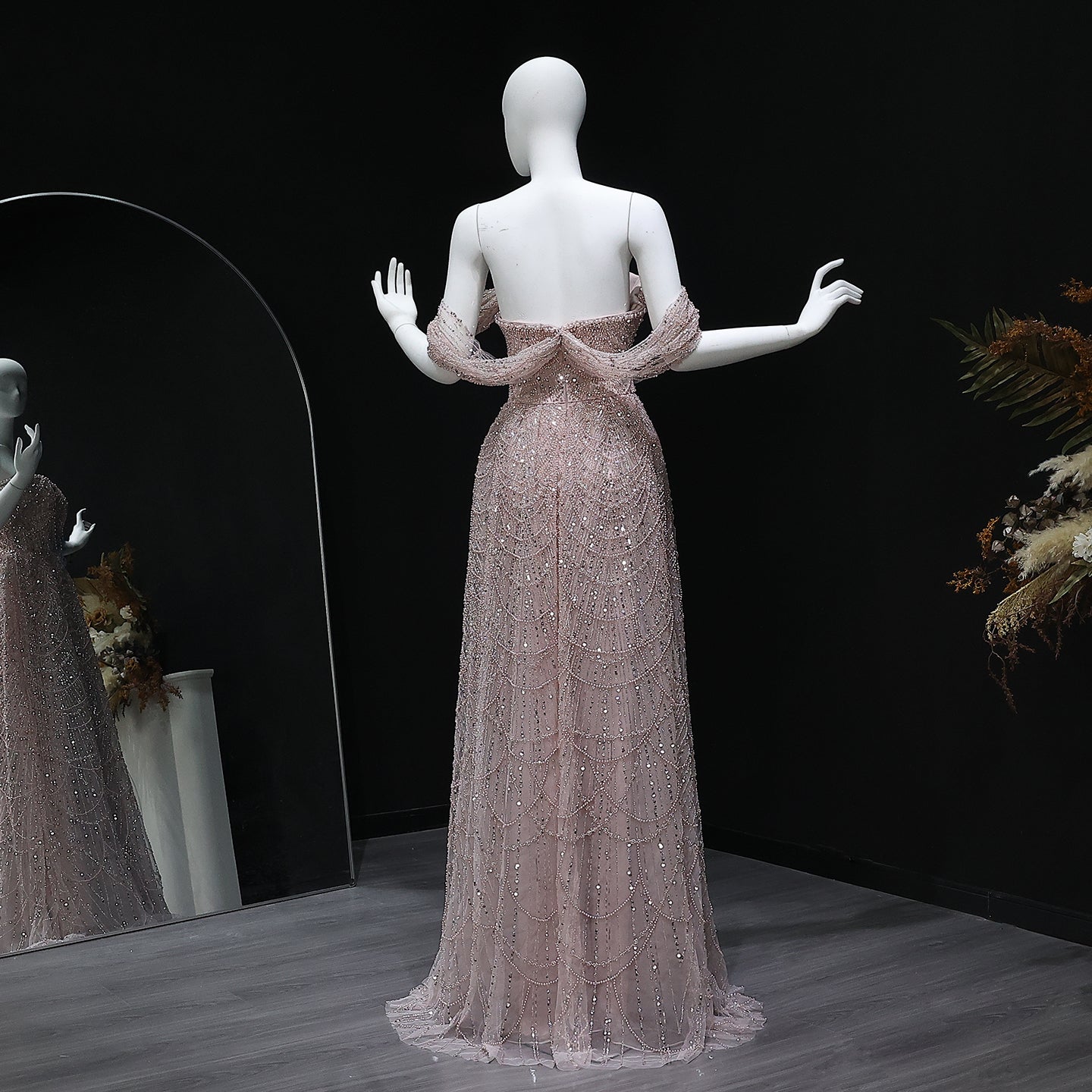 Luxury Beaded Champagne Off-Shoulder Evening Dress SS676