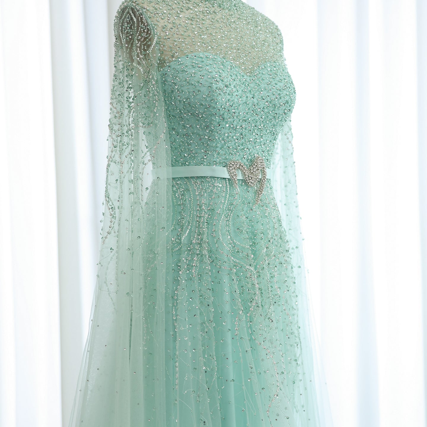 Luxury Blue High Neck Evening Dress with Cape Sleeves SS451