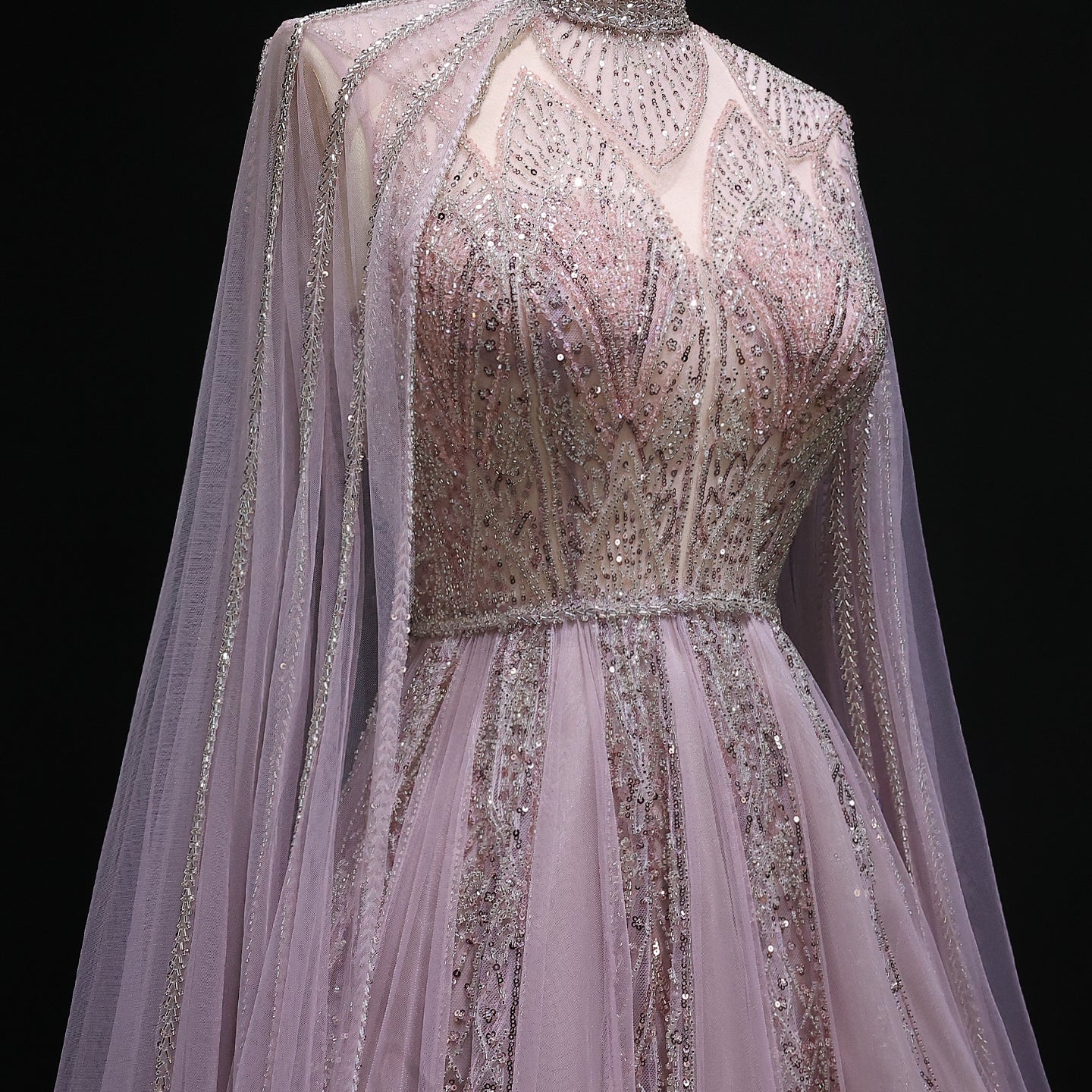 Luxury Pink Evening Dress with Cape Sleeves SS050