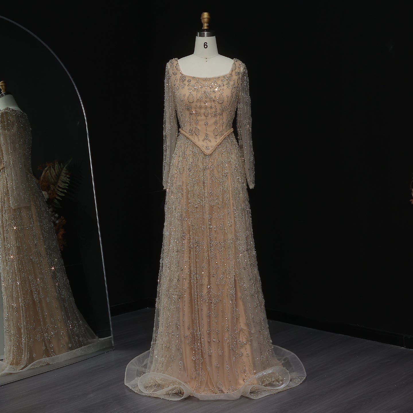 Luxury Sage Green Spaghetti A-Line Evening Dress SS693  Long Sleeves Nude / US 20