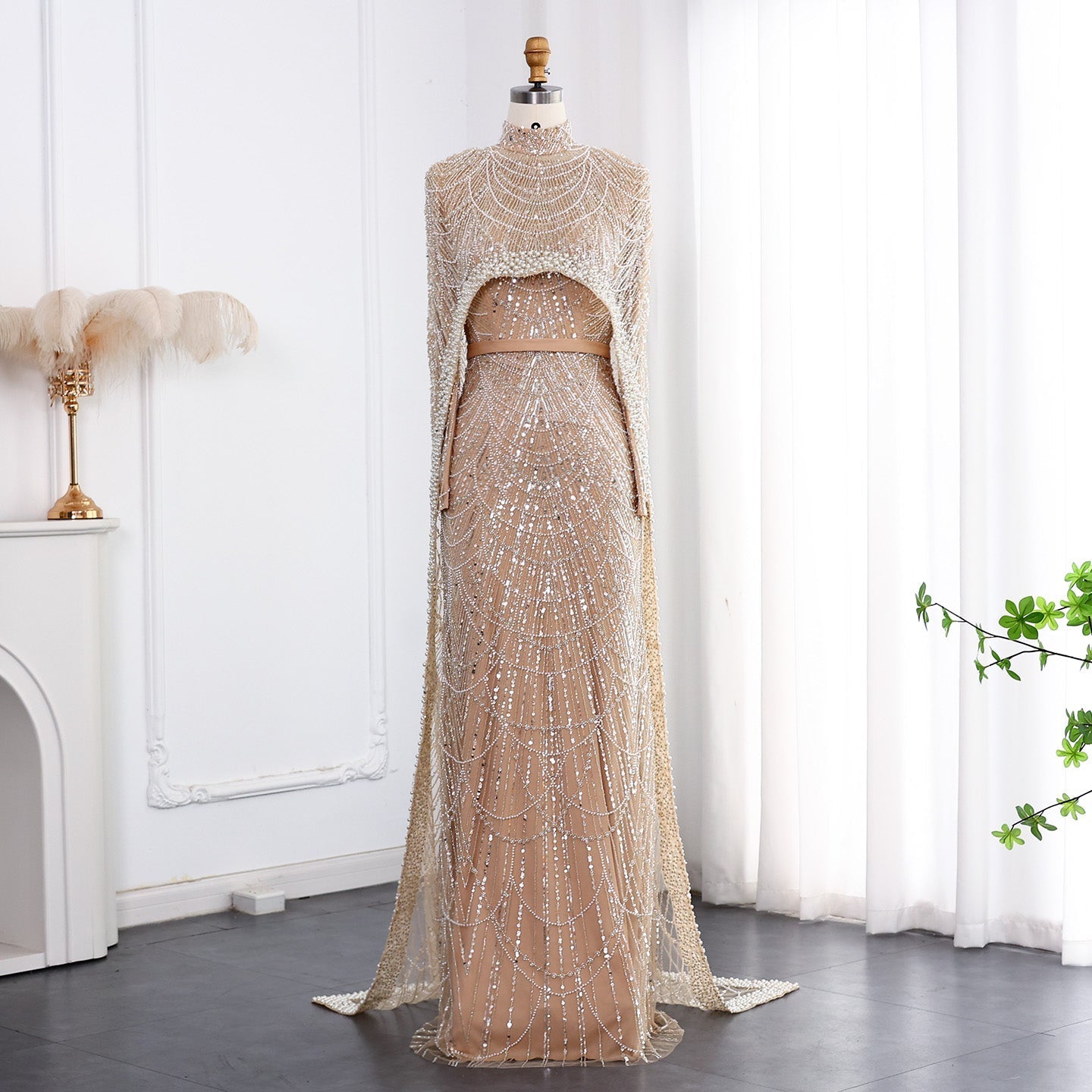 Luxury Long Sleeves Nude Evening Dress with Cape SS369A  Nude / US 20