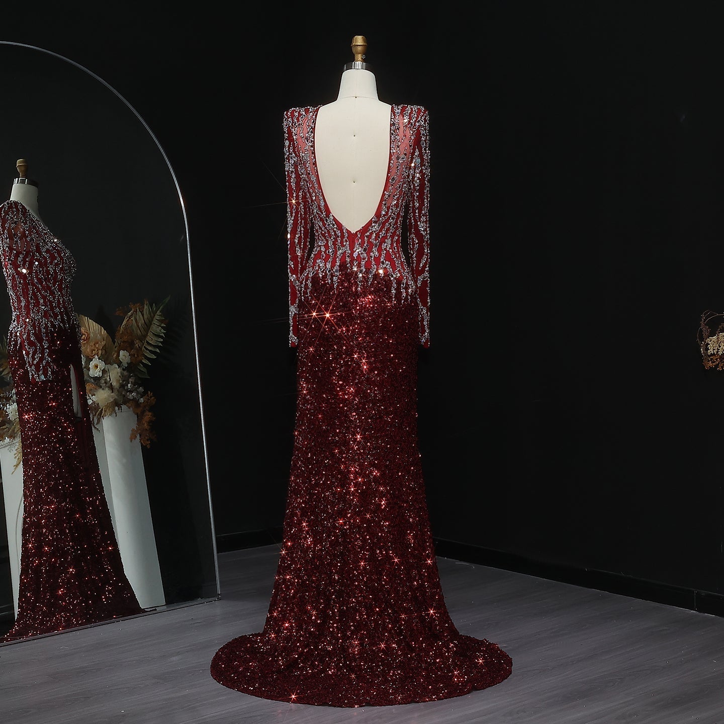 Luxury Black V-Neck Long Sleeves Side Slit Evening Dress SS250