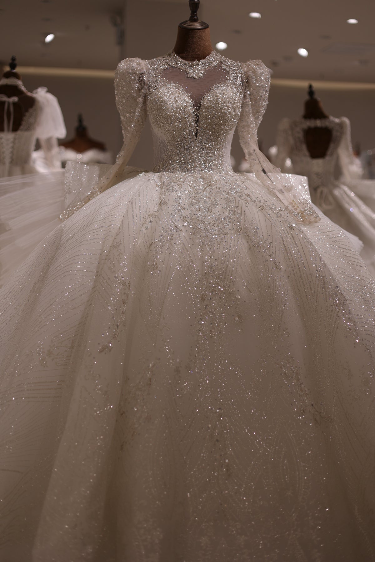 Luxury Pearls Long Sleeves Wedding Dress Ball Gown RS011  White / Custom Size