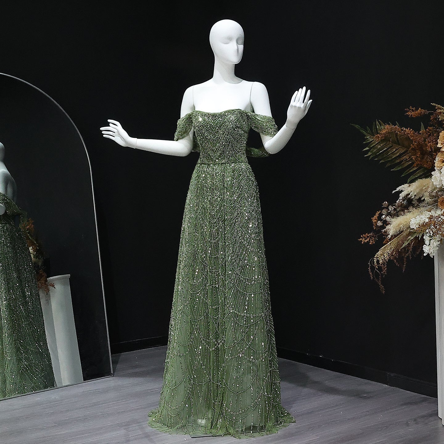 Luxury Beaded Champagne Off-Shoulder Evening Dress SS676  Green / US 20