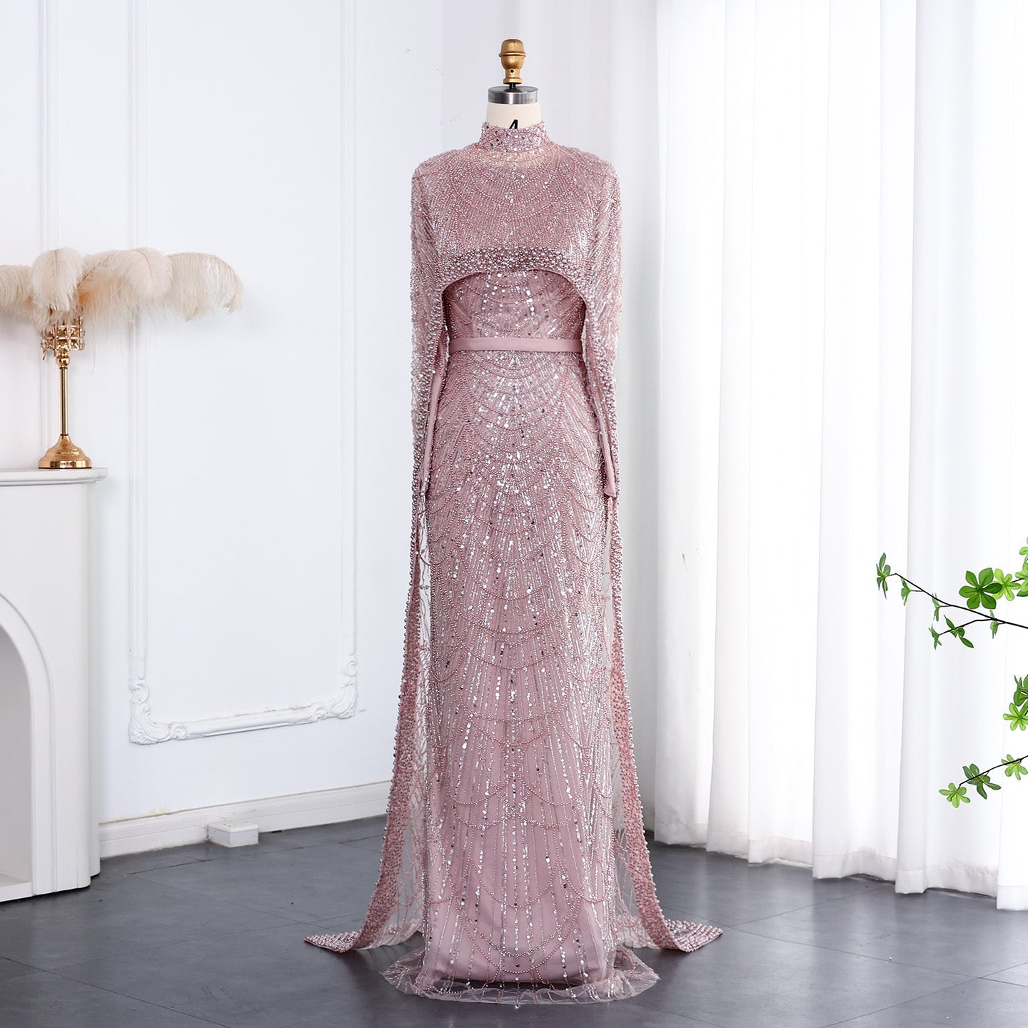 Luxury Long Sleeves Nude Evening Dress with Cape SS369A  Pink / US 20