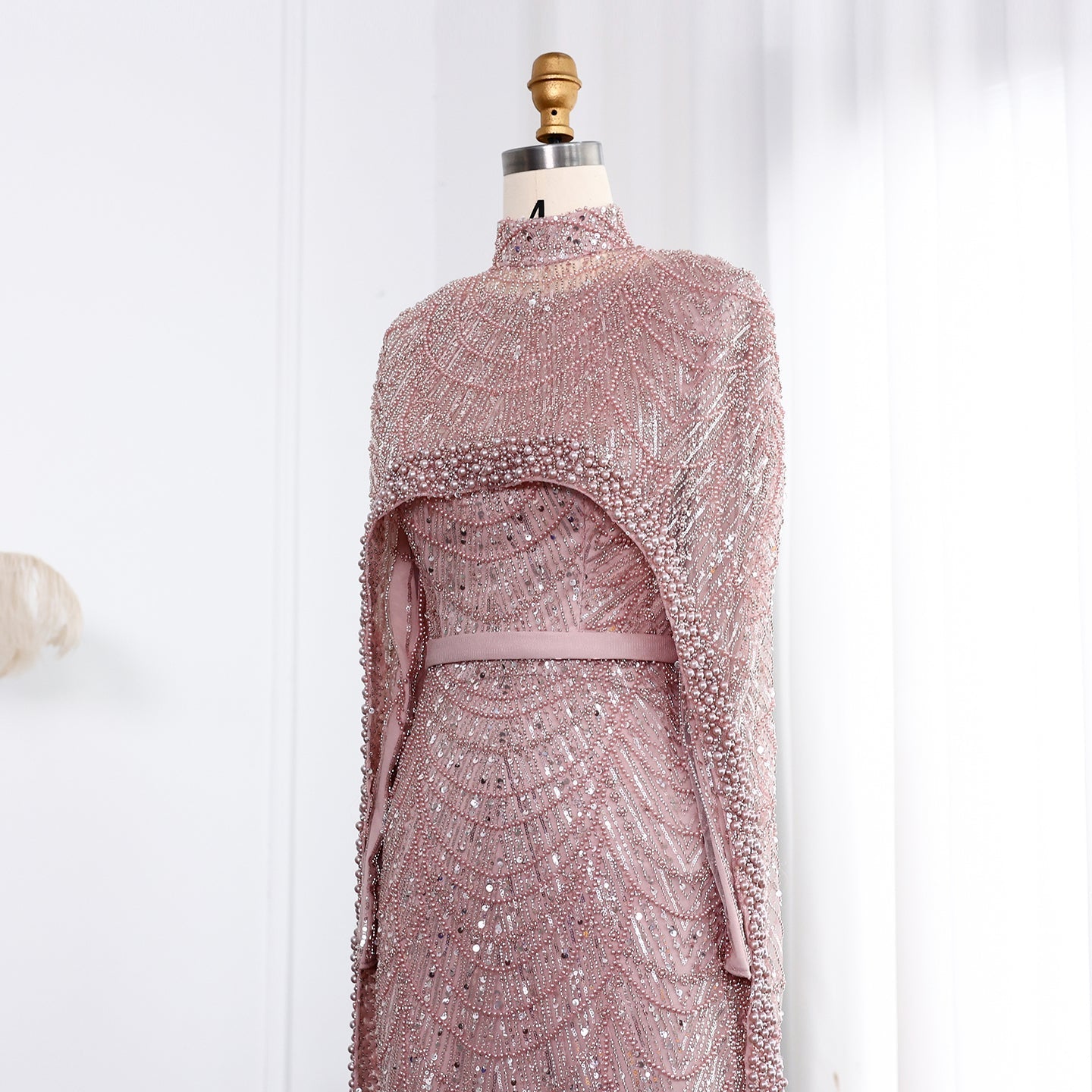 Luxury Long Sleeves Nude Evening Dress with Cape SS369A