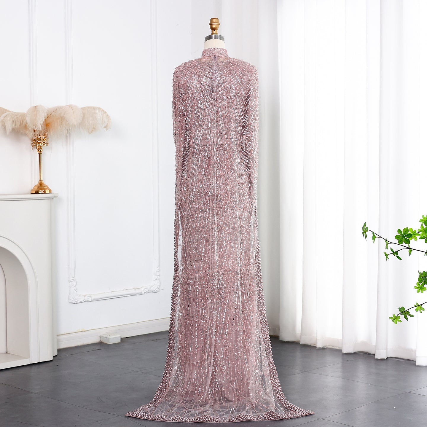 Luxury Long Sleeves Nude Evening Dress with Cape SS369A