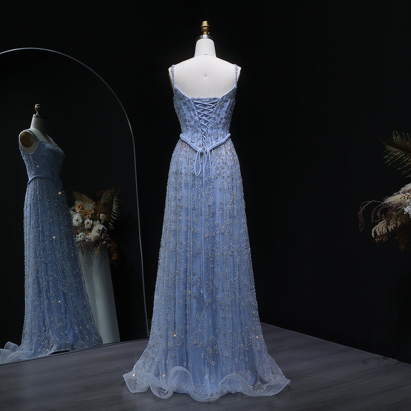 Luxury Sage Green Spaghetti A-Line Evening Dress SS693