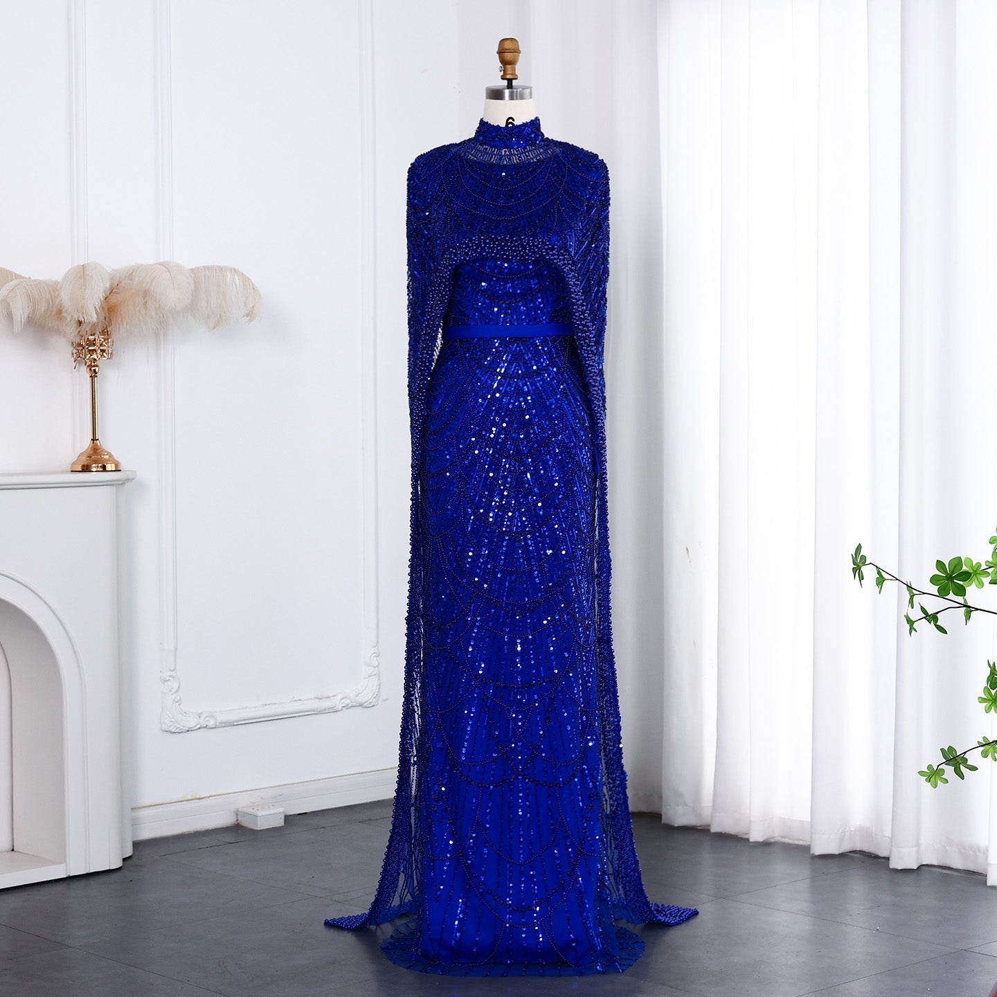 Luxury Long Sleeves Nude Evening Dress with Cape SS369A  Royal Blue / US 20