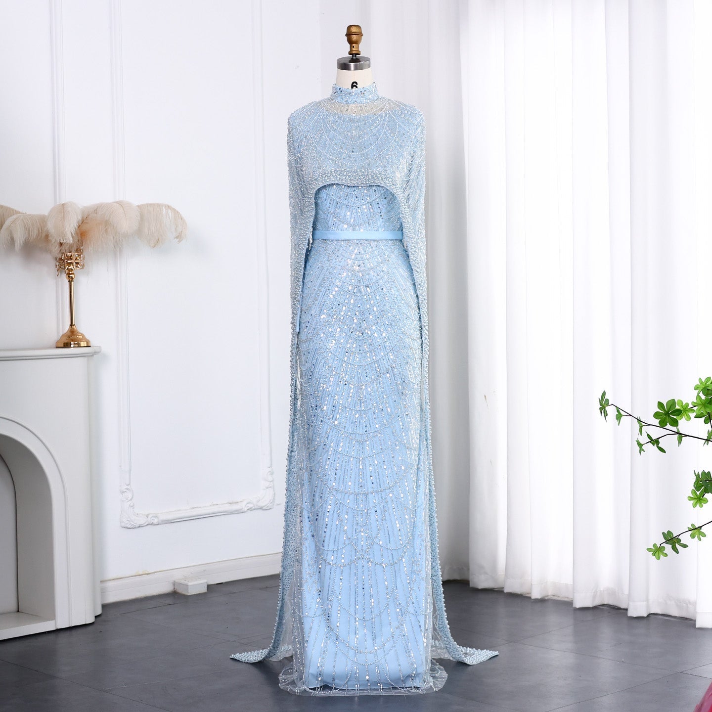 Luxury Long Sleeves Nude Evening Dress with Cape SS369A  Sky Blue / US 20