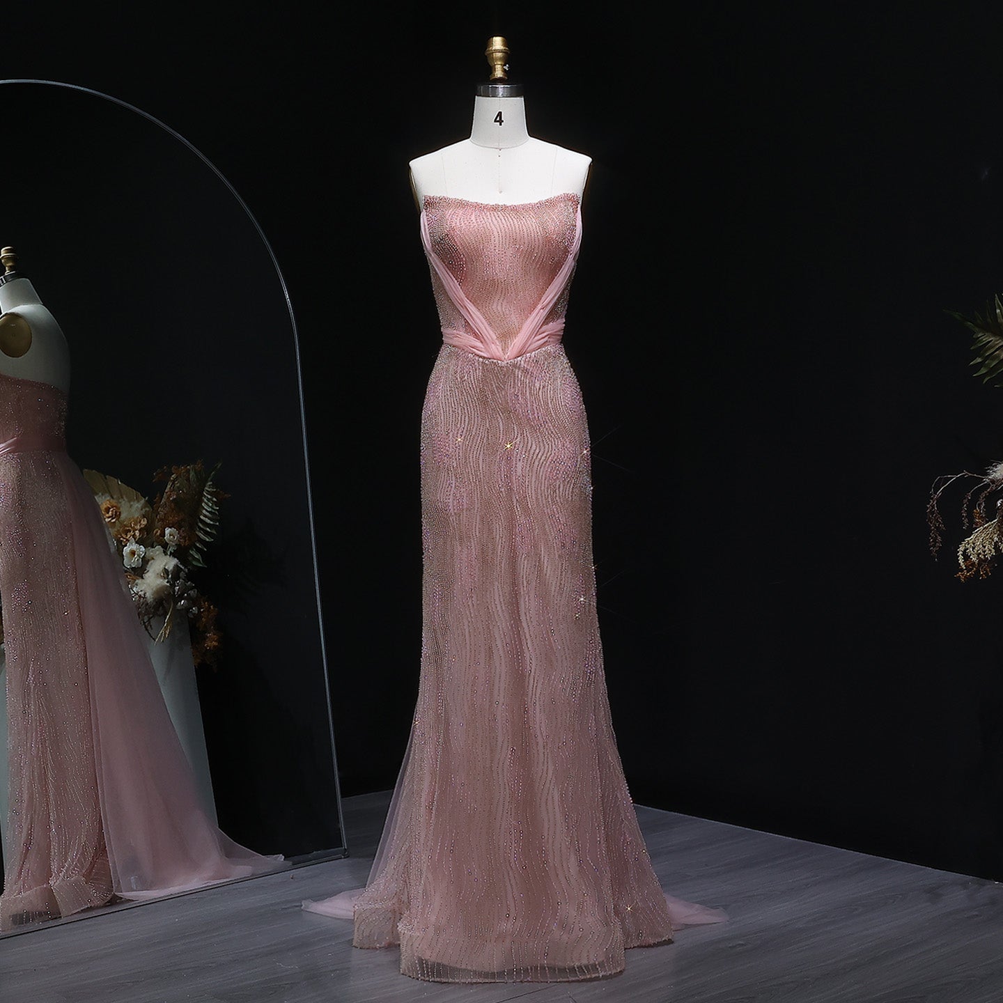 Luxury Beaded Pink Mermaid Evening Dress with Overskirt SS023