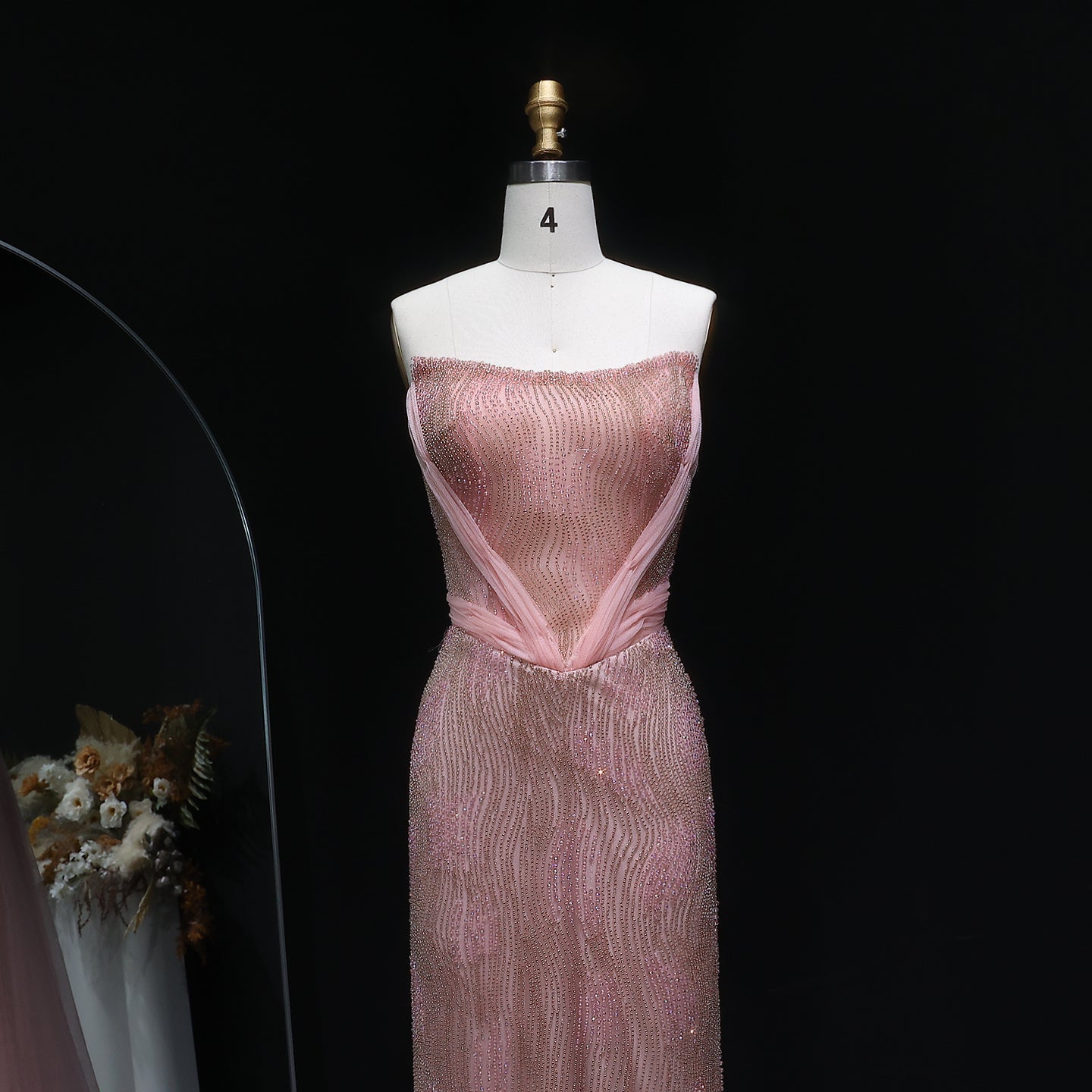 Luxury Beaded Pink Mermaid Evening Dress with Overskirt SS023