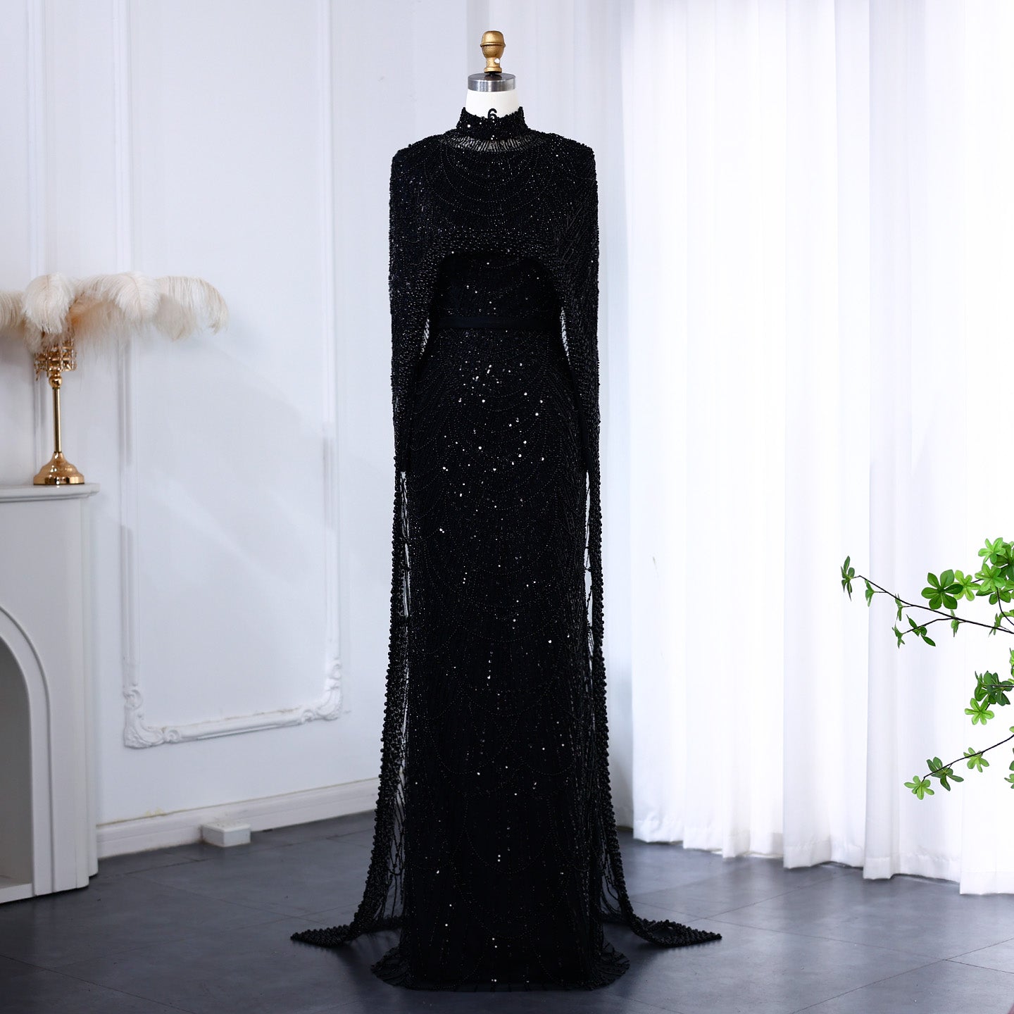 Luxury Long Sleeves Nude Evening Dress with Cape SS369A  Black / US 20