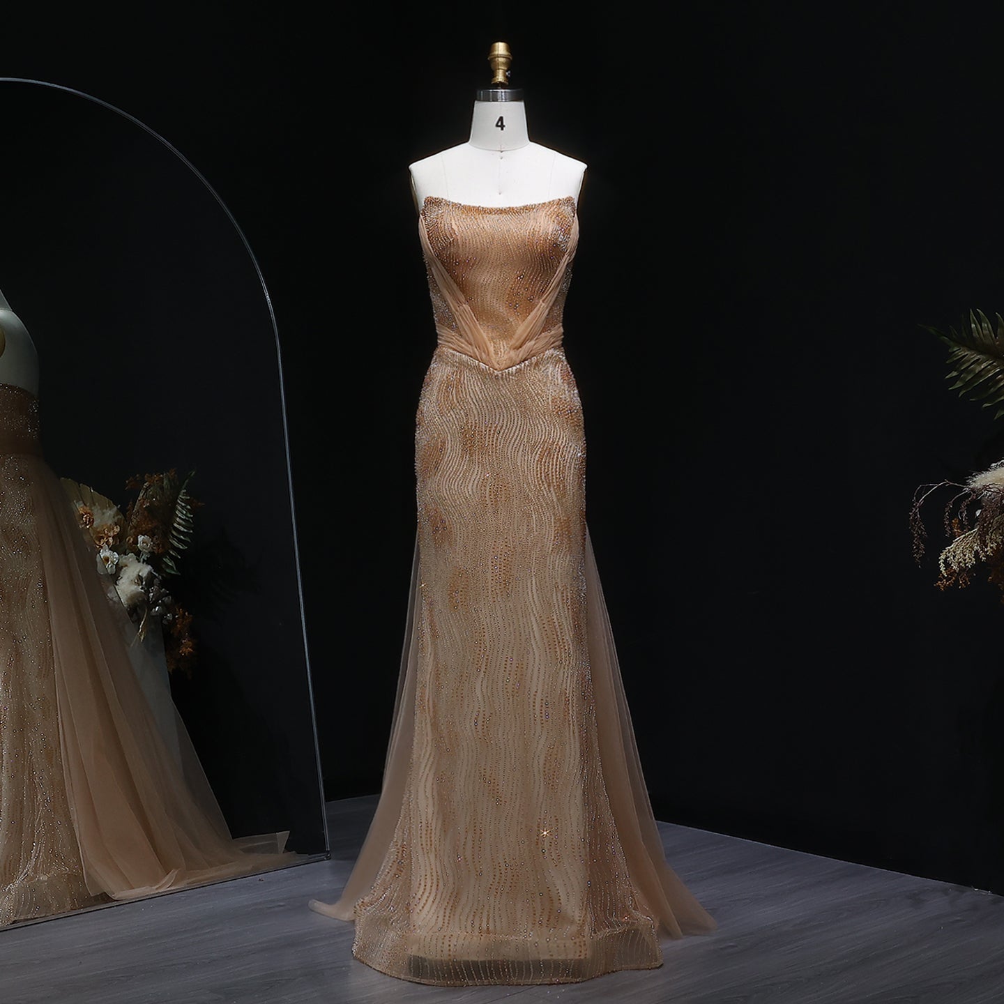 Luxury Beaded Pink Mermaid Evening Dress with Overskirt SS023