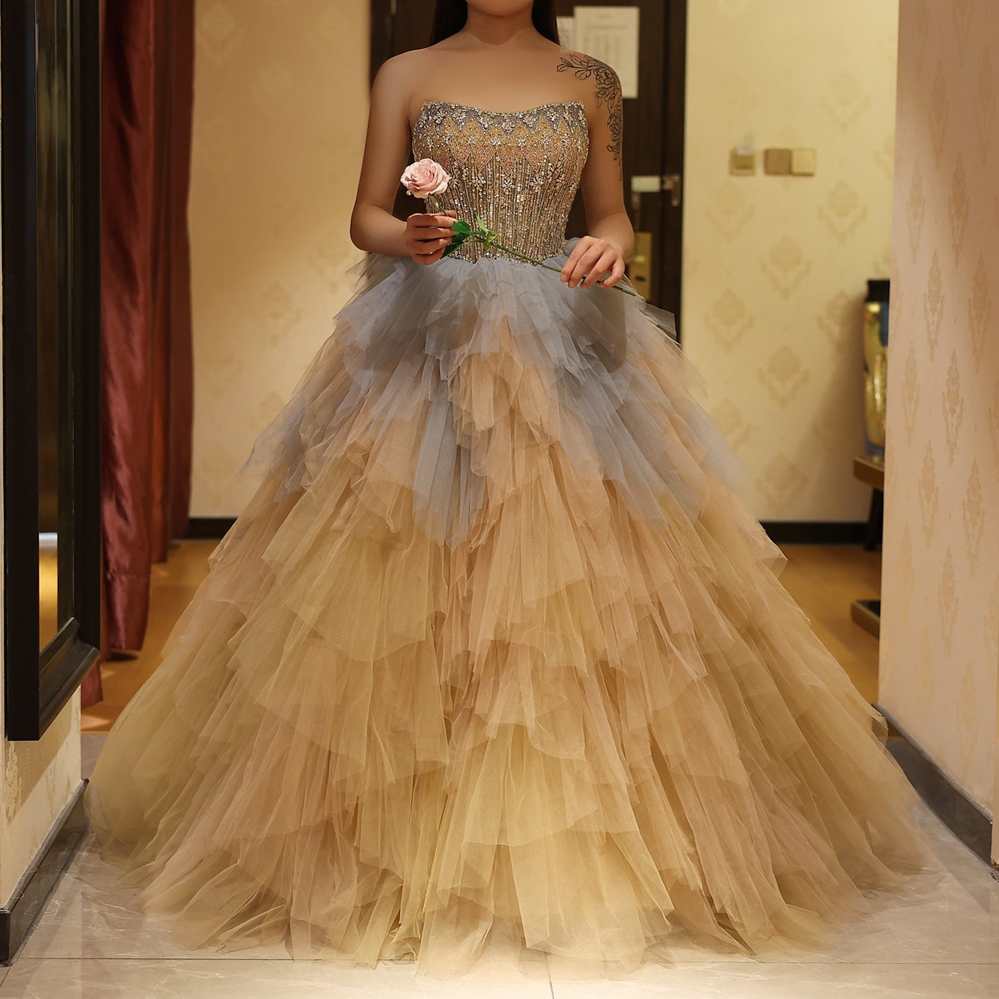 Luxury Rose Gold Ruffles Ball Gown Evening Dress SS731