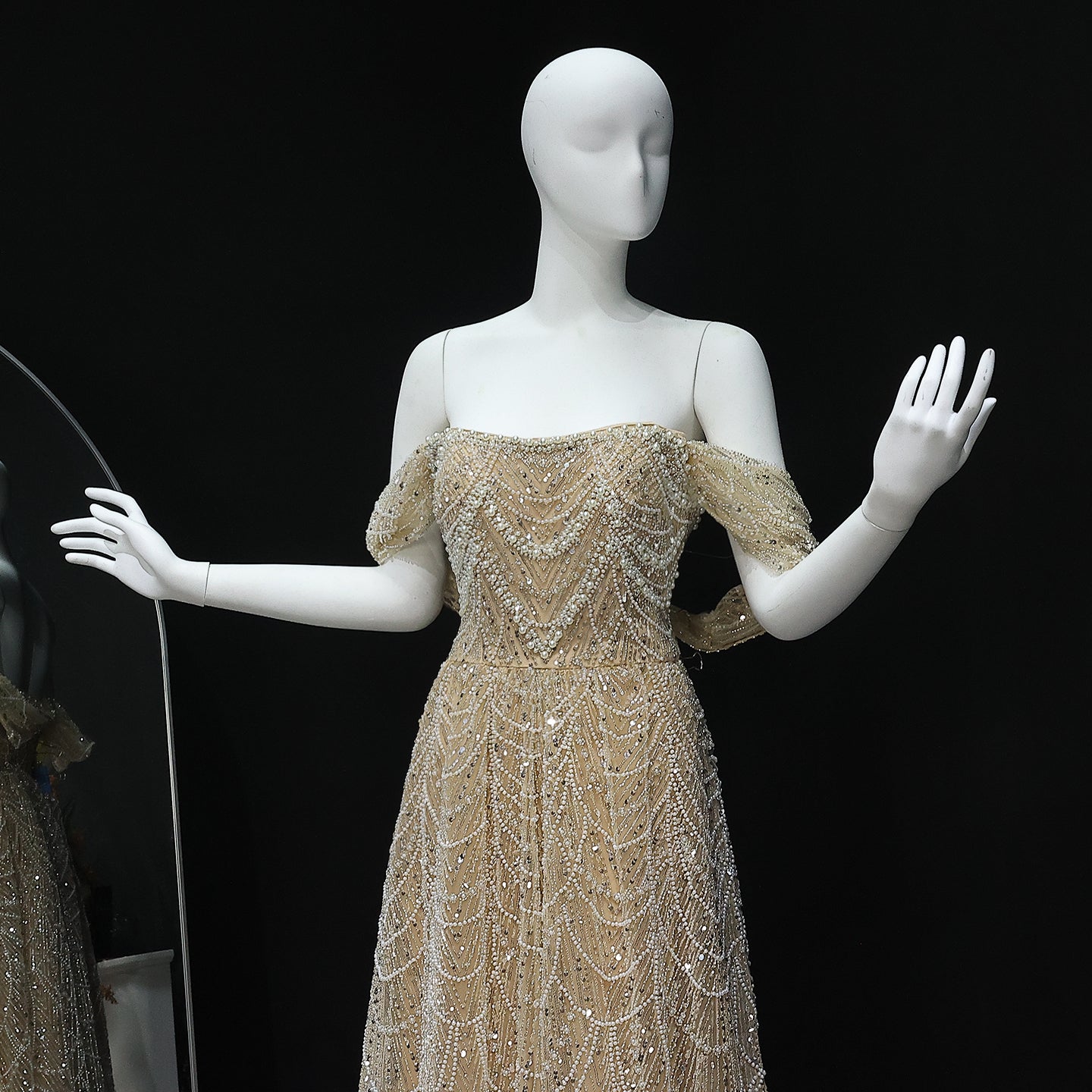 Luxury Beaded Champagne Off-Shoulder Evening Dress SS676